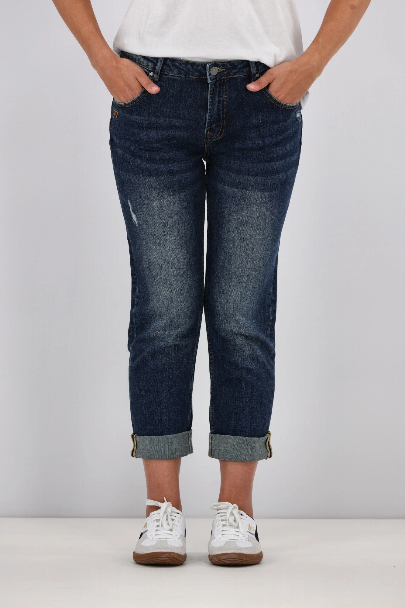 Shine On Label Marlowe Boyfriend Jean Vintage Indigo Non-Restrictive Fit Layered Overlay Design