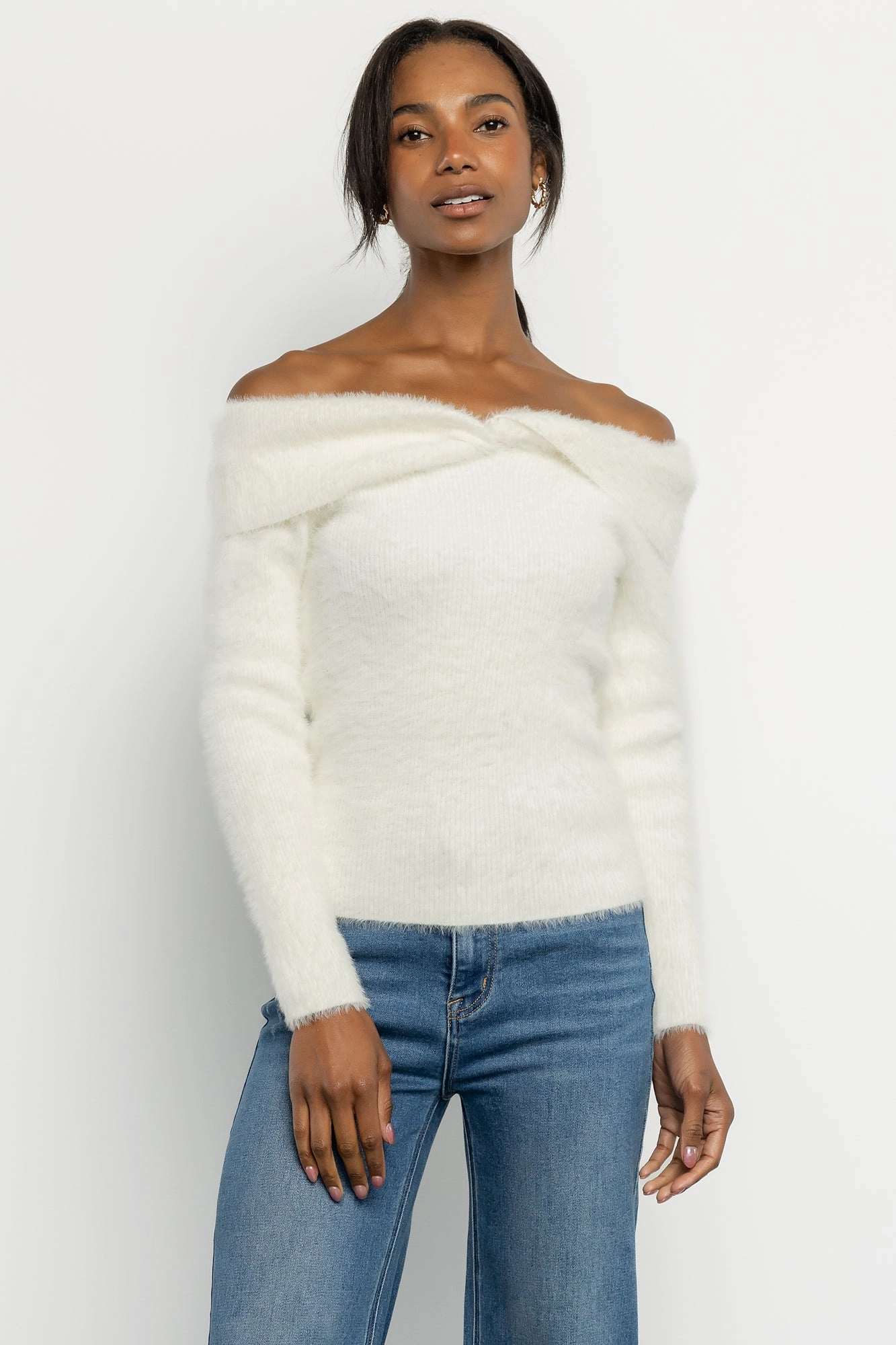 Drop Shoulder Cut Perla Off Shoulder Sweater | Ivory