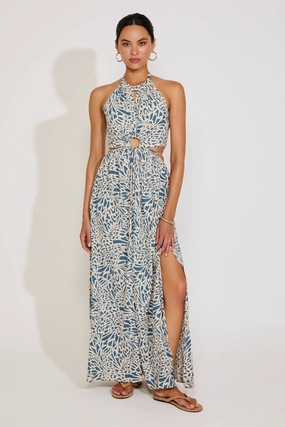 Nordic Calm PRINTED HALTER MAXI DRESS WITH O RING CUTOUTS