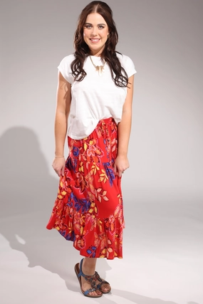 Pull on elastic waist Tiered Skirt | Red Gold Leaf | 3367A1 Minimalist Trim