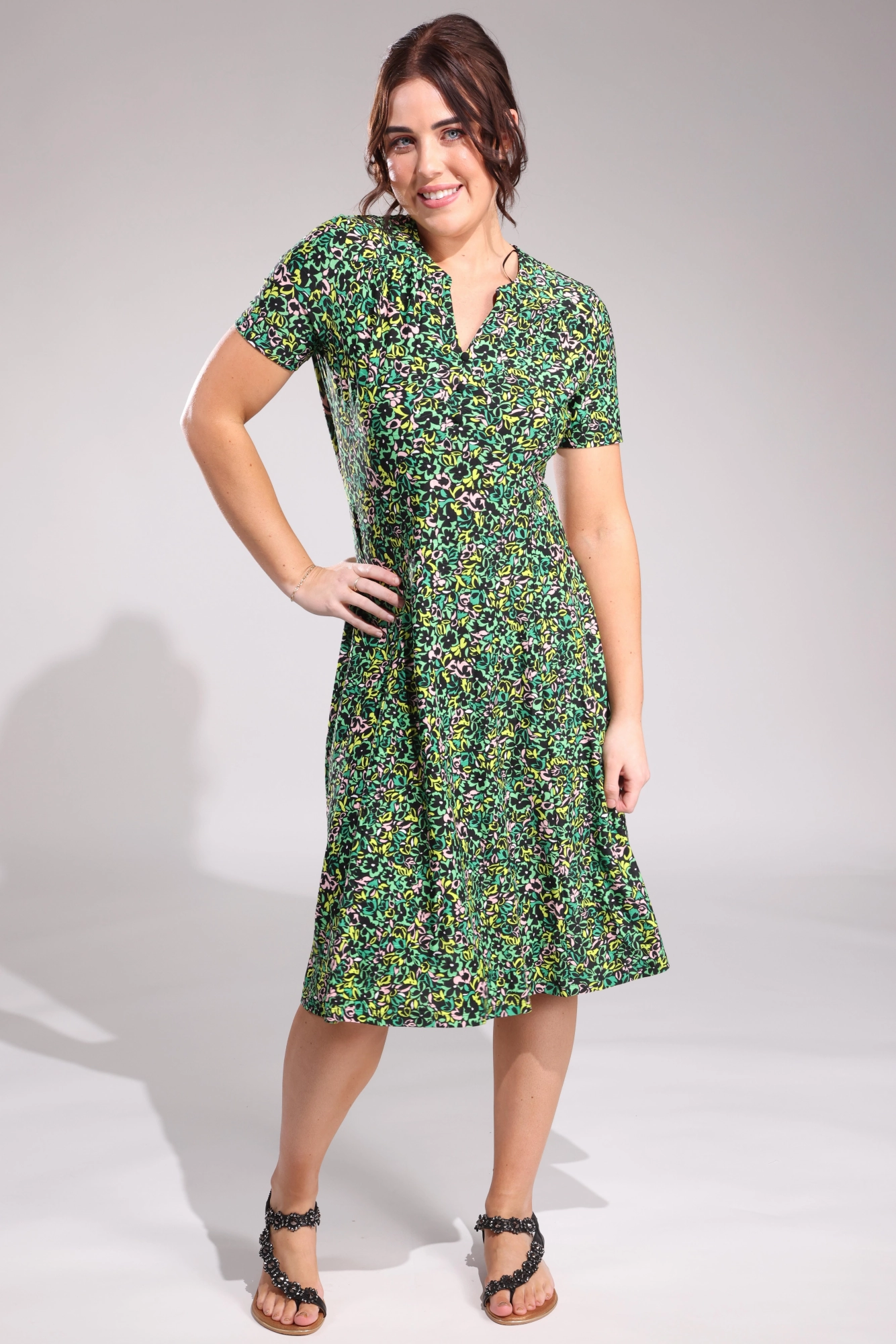 Romantic Style Printed Slinky Dress | Green Pink Flower | 7421A1