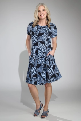 Printed Slinky Dress | Navy Sky Geo | 7426C1 Silk Flow