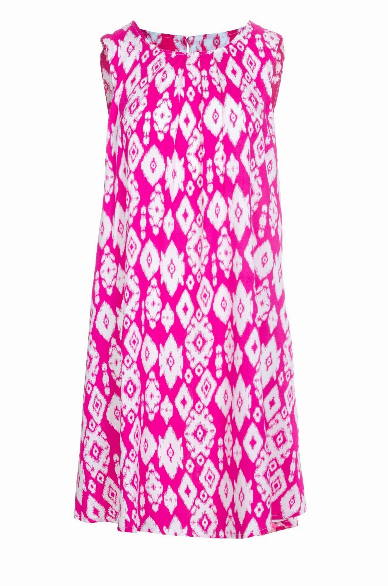 Printed Viscose A-line Dress | Cerise White Aztec | 3340A1 Easy to Wear