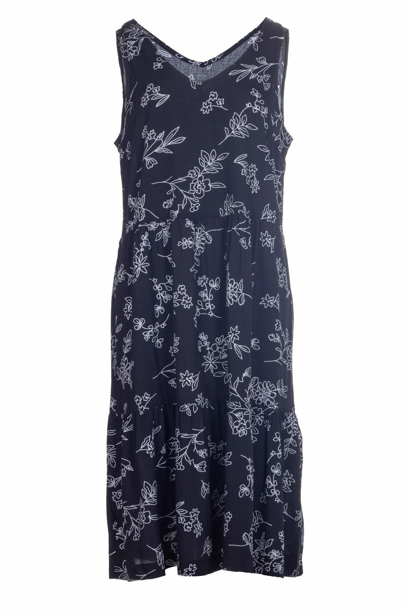 Guest Shine Printed Viscose sleeveless Dress | Blk Wht Stitch Floral | 3347A1