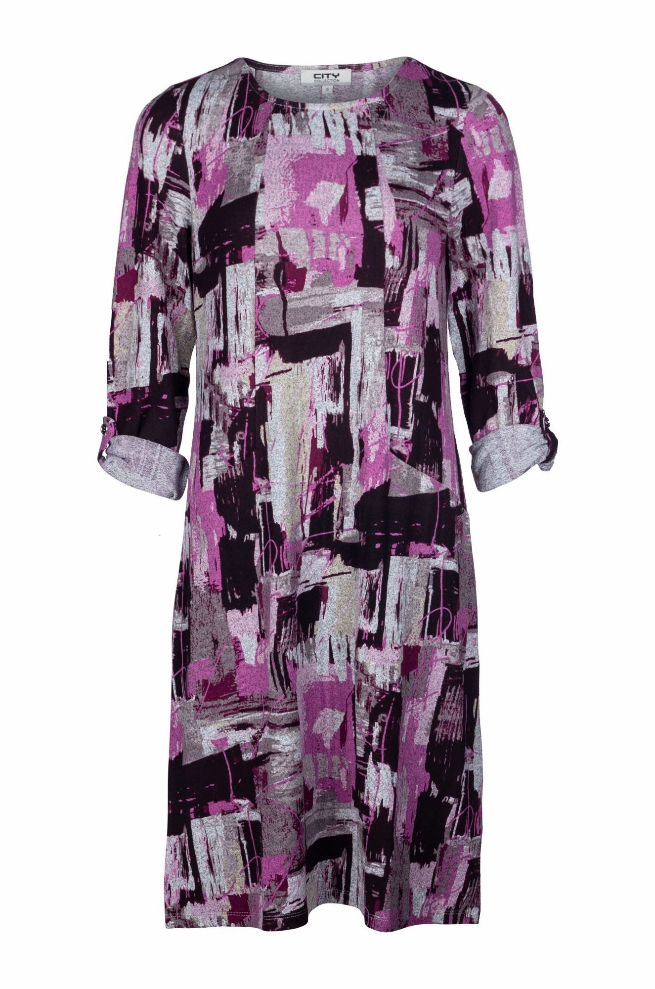 Gentle Aesthetic Printed Warm Touch Dress | Pink Black Abst Geo | 7914B1