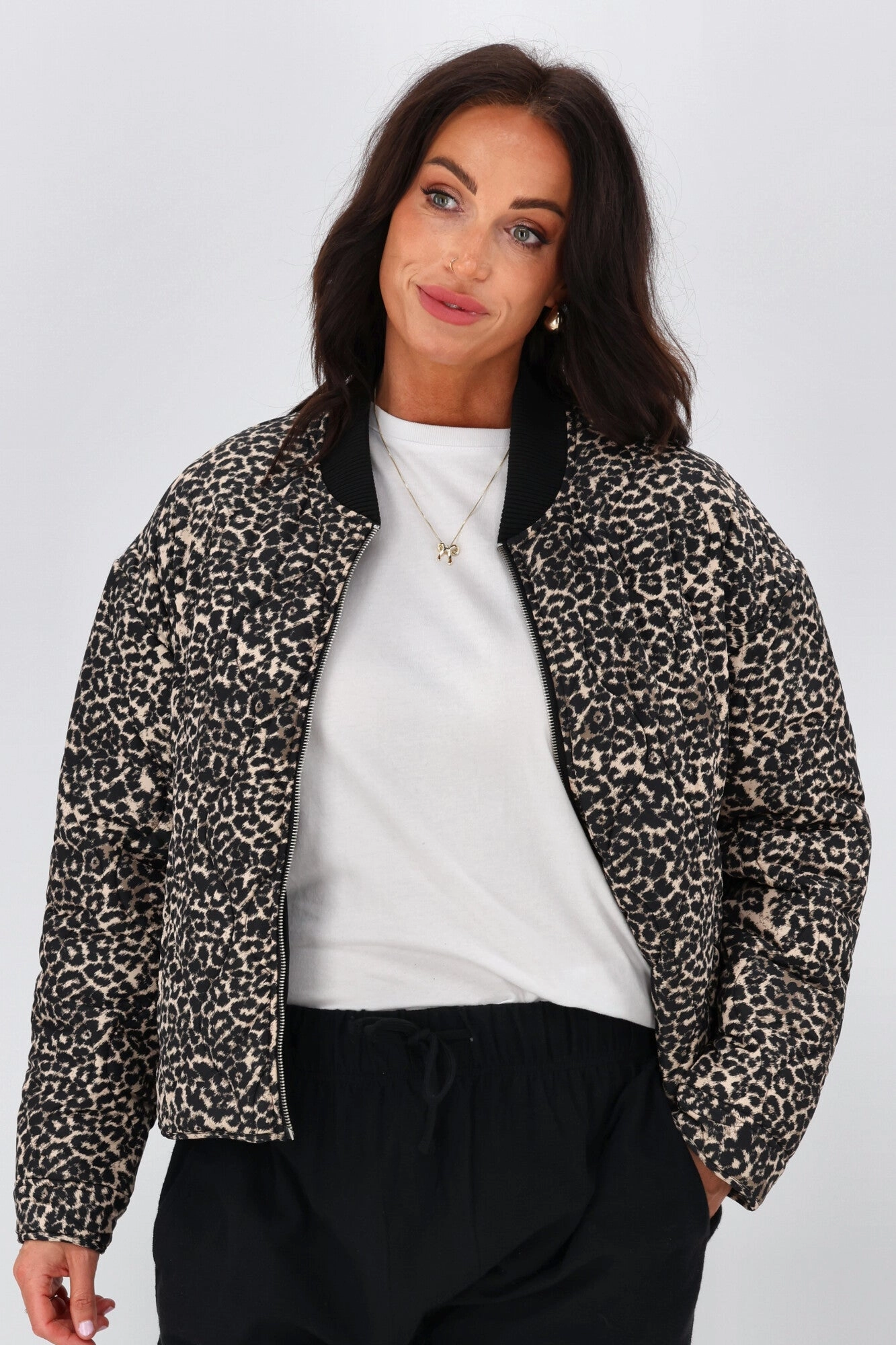 Shine On Label Kinsley Quilted Jacket Animal Print Multi Pocket Utility Abrasion resistant