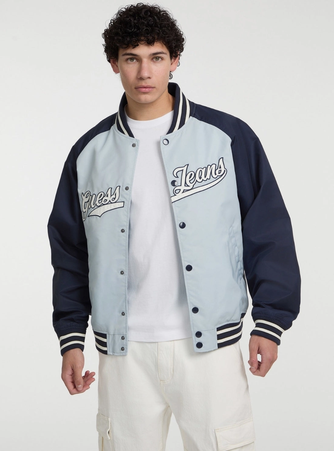 Eco Friendly Recycled Material Zippered Vents Guess Jeans Eco Blue Raglan Varsity Jacket