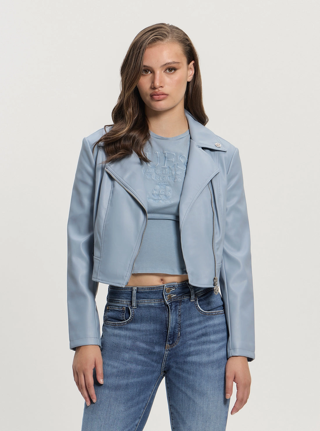 Neutral palette High Density Weave Blue Clemence Faux-Leather Jacket