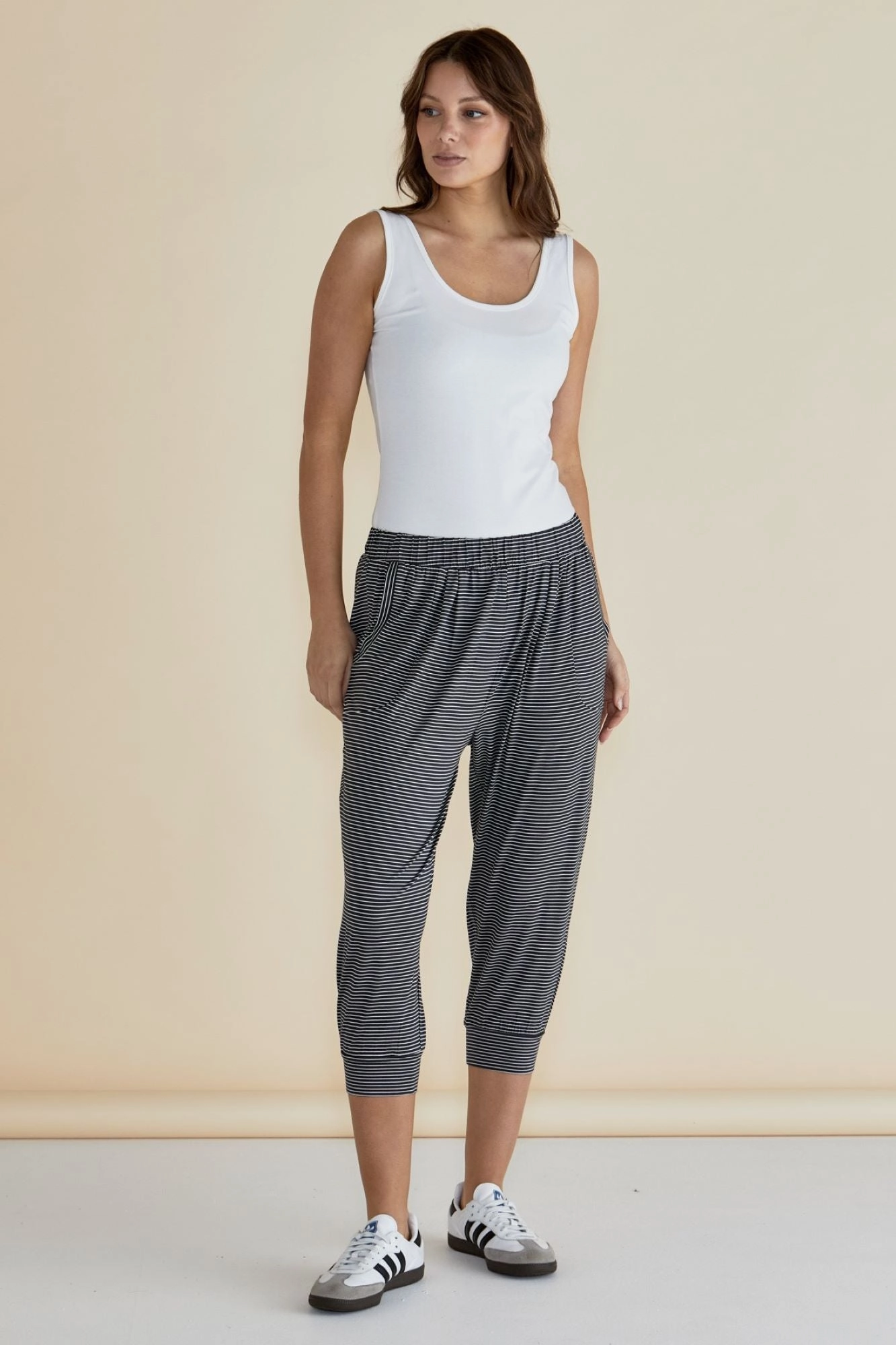 Sweat Wicking Betty Basics 3/4 Tokyo Pant Charcoal Stripe