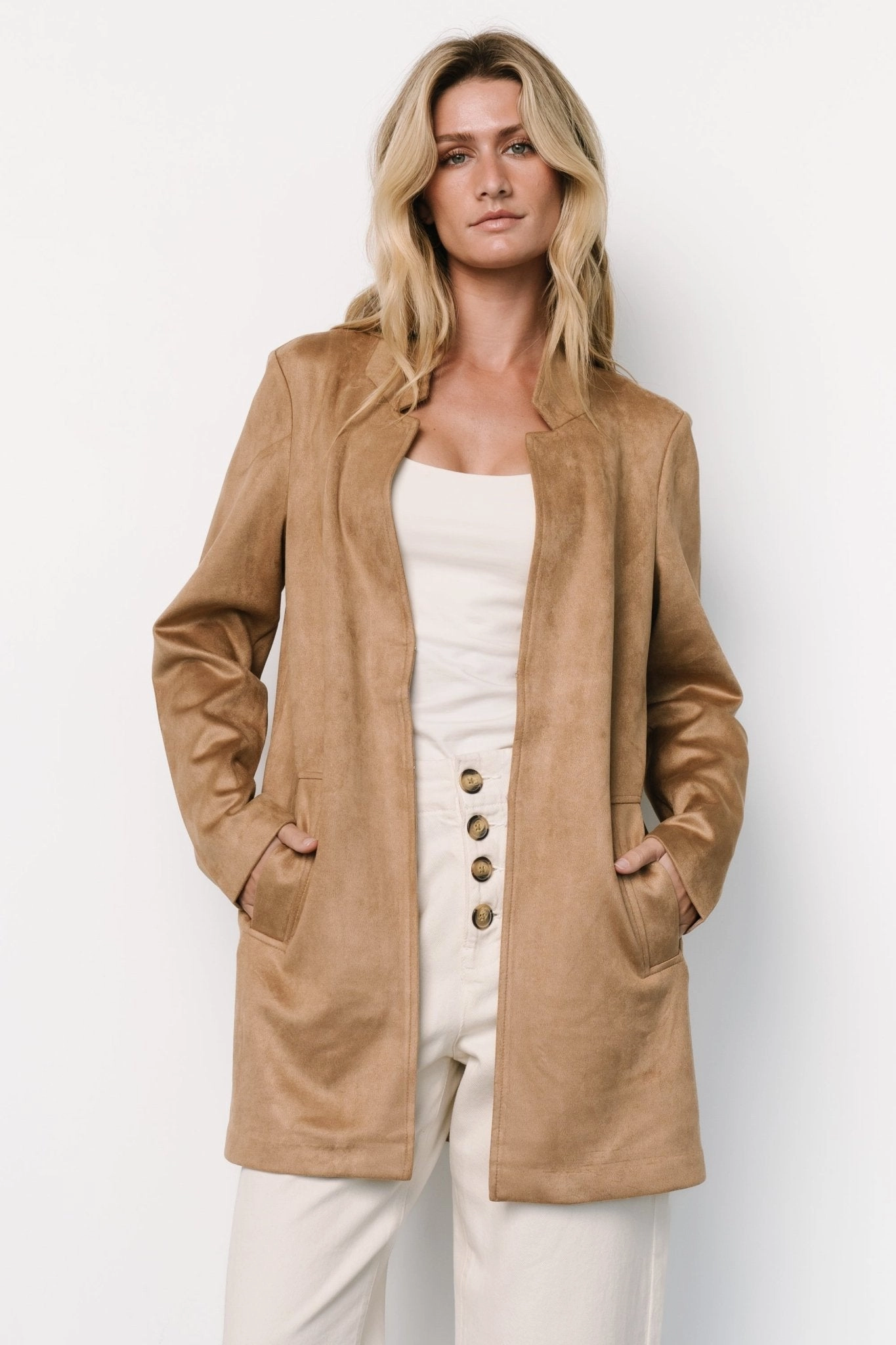 Queenie Faux Suede Jacket | Camel Casual Chill Look Fashion Forward Layer