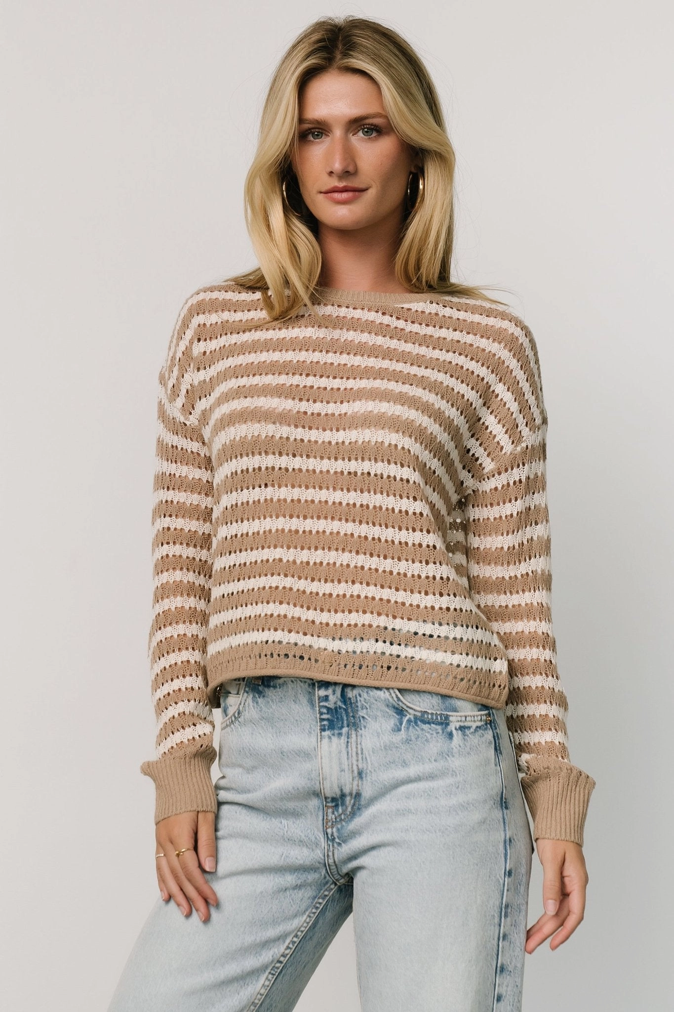 Sleek Performance Fit Dawn Open Knit Top | Taupe   Ivory