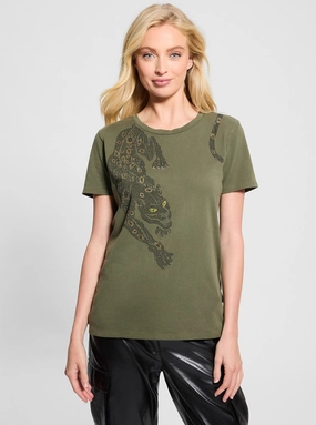 Stretch Knit Material RibbedTrim Eco Green Crystal Panther T-Shirt