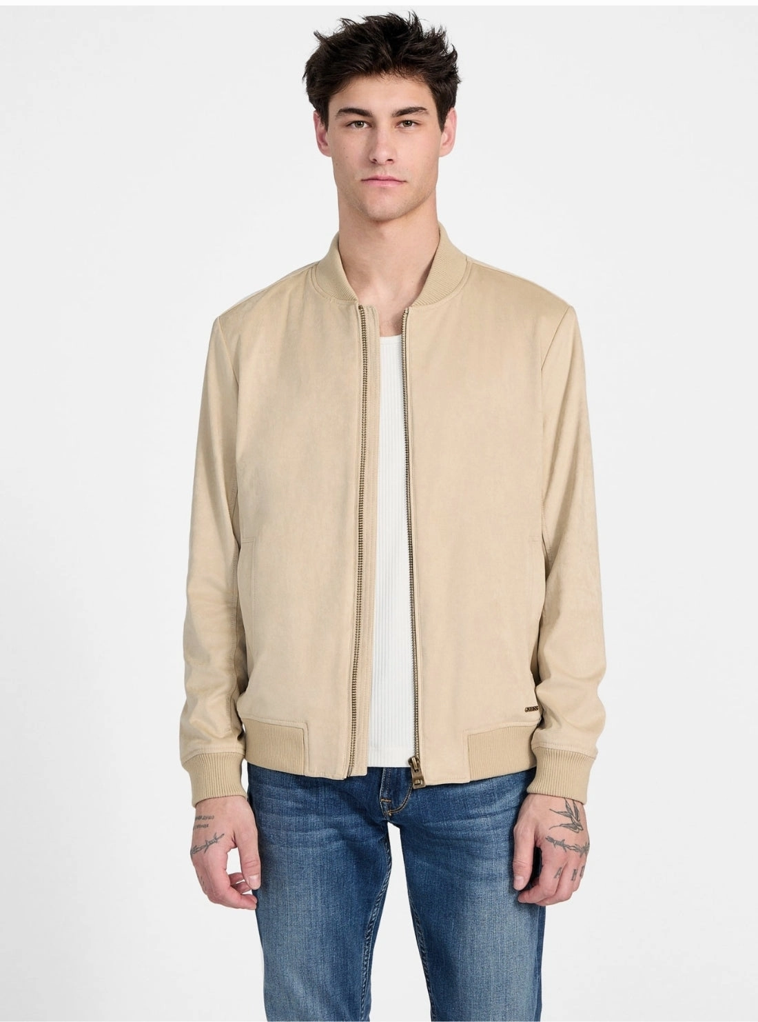 LightweightConstruction Taped Neckline Eco Beige Faux-Suede Flight Jacket