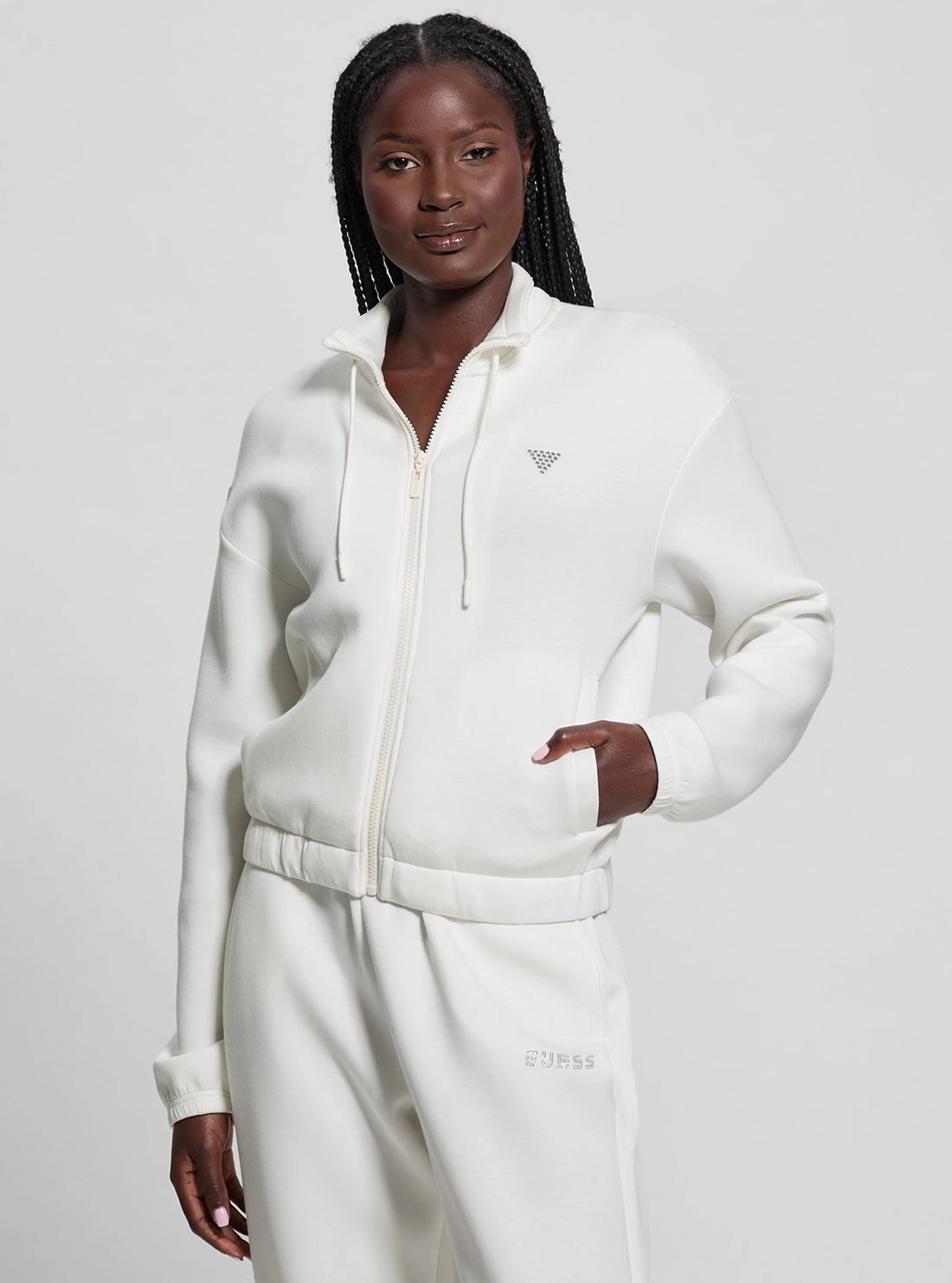 Simple Comfort Sleek Layer Look White Cecilia Scuba Zip Jacket