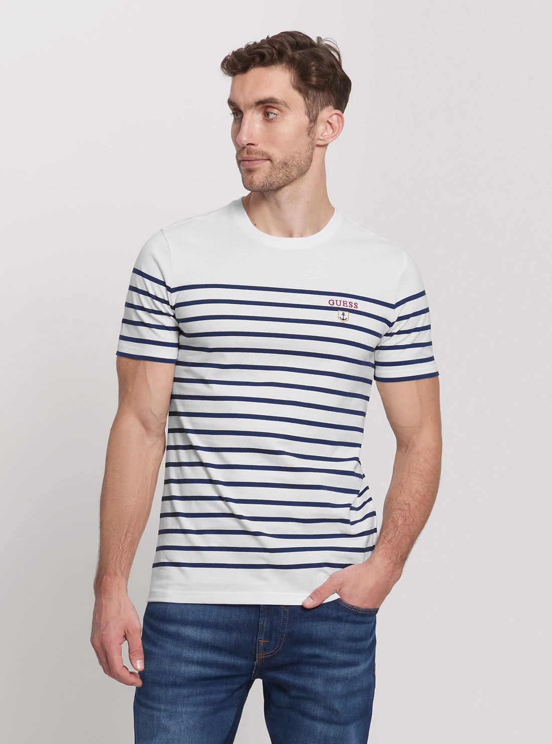 EthicallySourcedMaterial Quick Dry Tech Eco White Blue Striped Short Sleeve T-Shirt