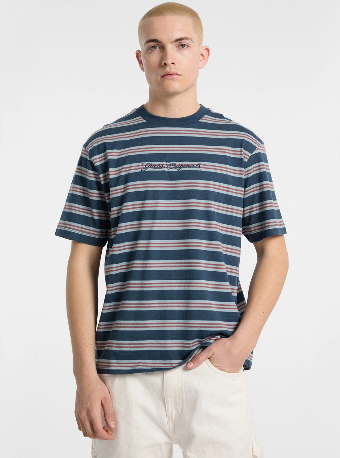 Airflow Mesh Lining Breathable Mesh Back Guess Originals Eco Blue Horizontal Stripe T-Shirt