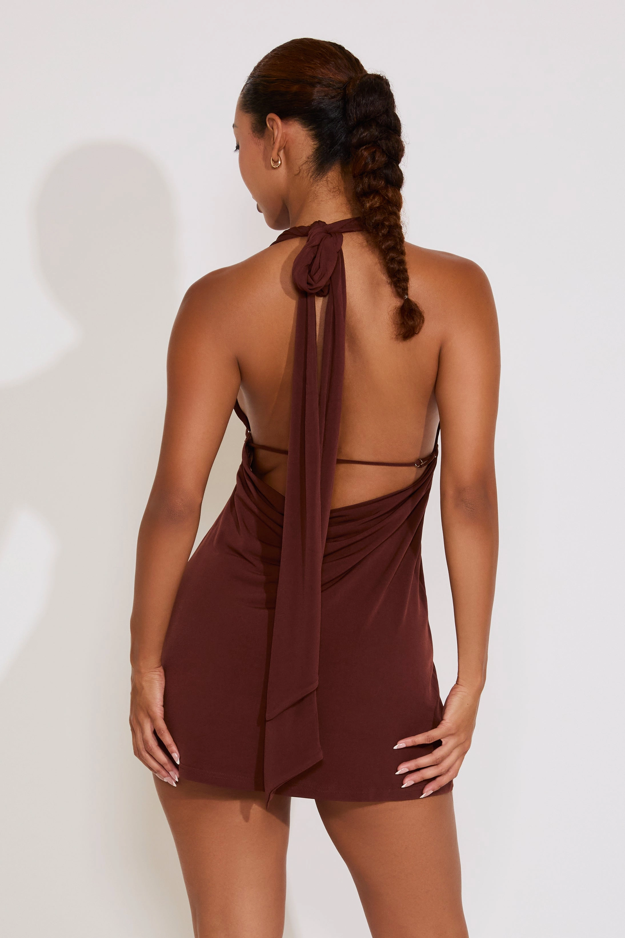 HALTER PLUNGING NECKLINE SLINKY MINI DRESS Soft Structure Satin-Sleeve