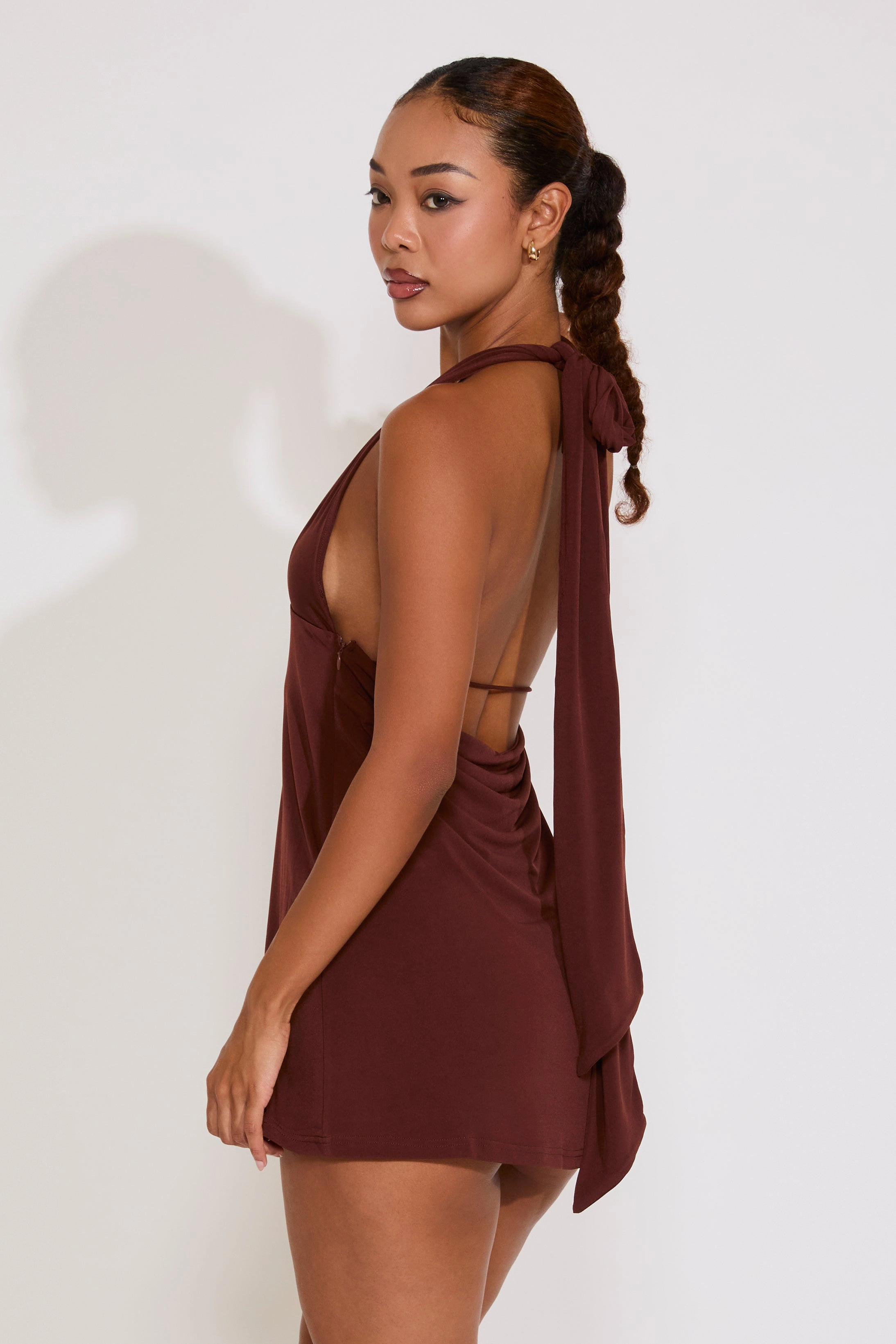 HALTER PLUNGING NECKLINE SLINKY MINI DRESS Draped-Style