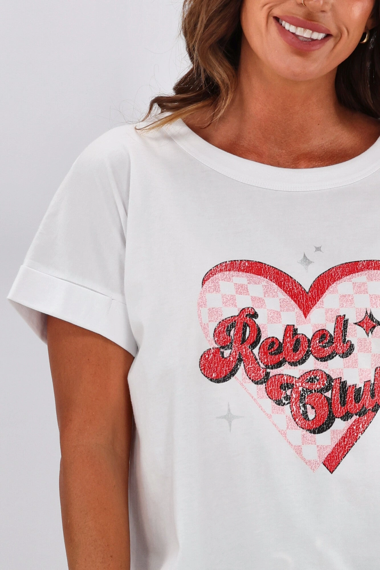 insulated Rebel Club by Shine On Checkered Charm Love Cap Sleeve Tee White