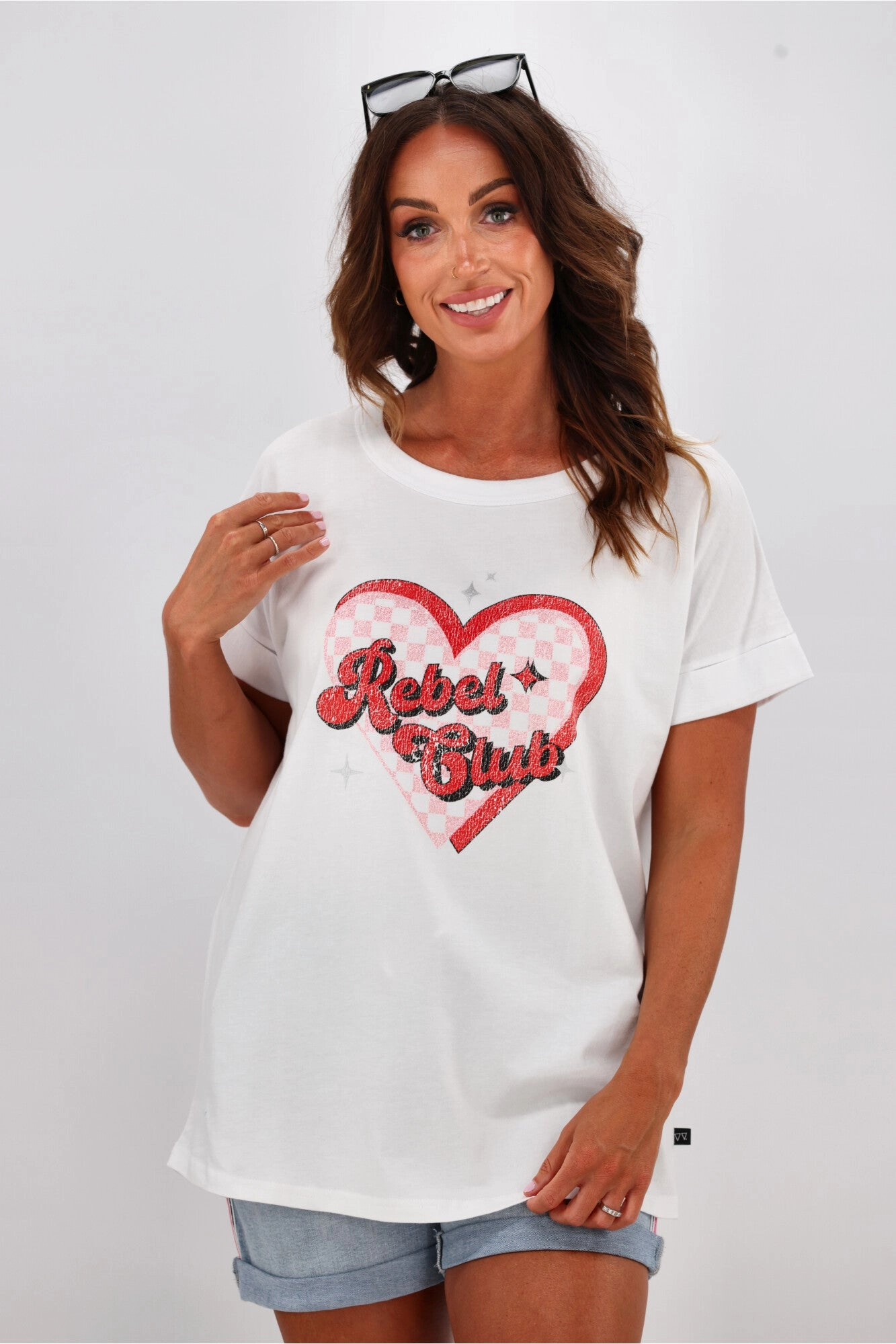 sporty and comfortable Hypoallergenic Textile Rebel Club by Shine On Checkered Charm Love Cap Sleeve Tee White