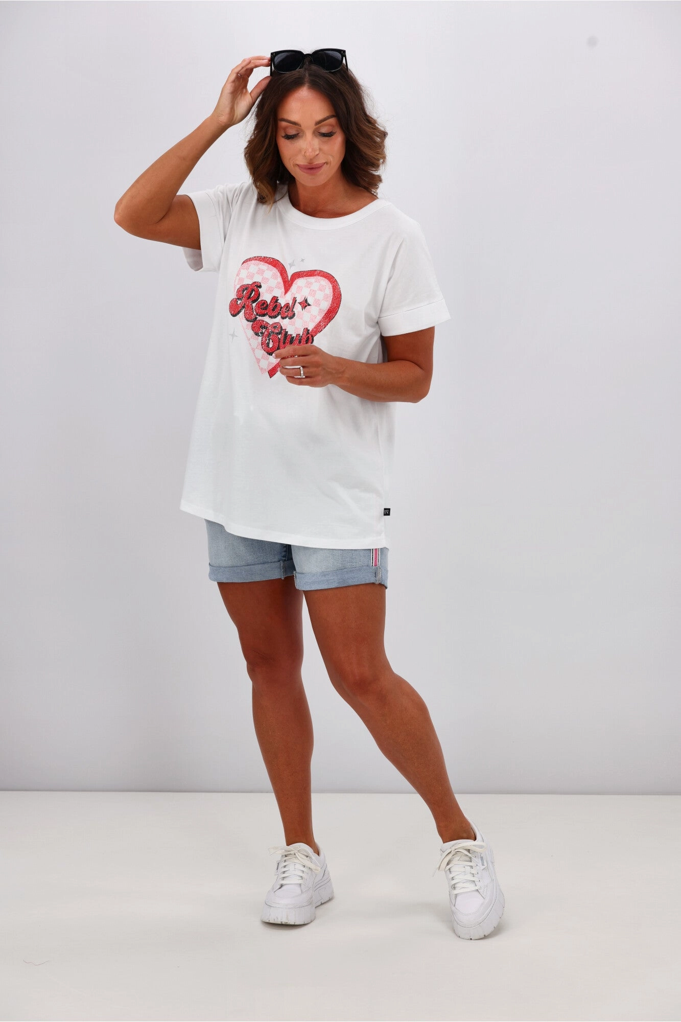 Light Fit Rebel Club by Shine On Checkered Charm Love Cap Sleeve Tee White