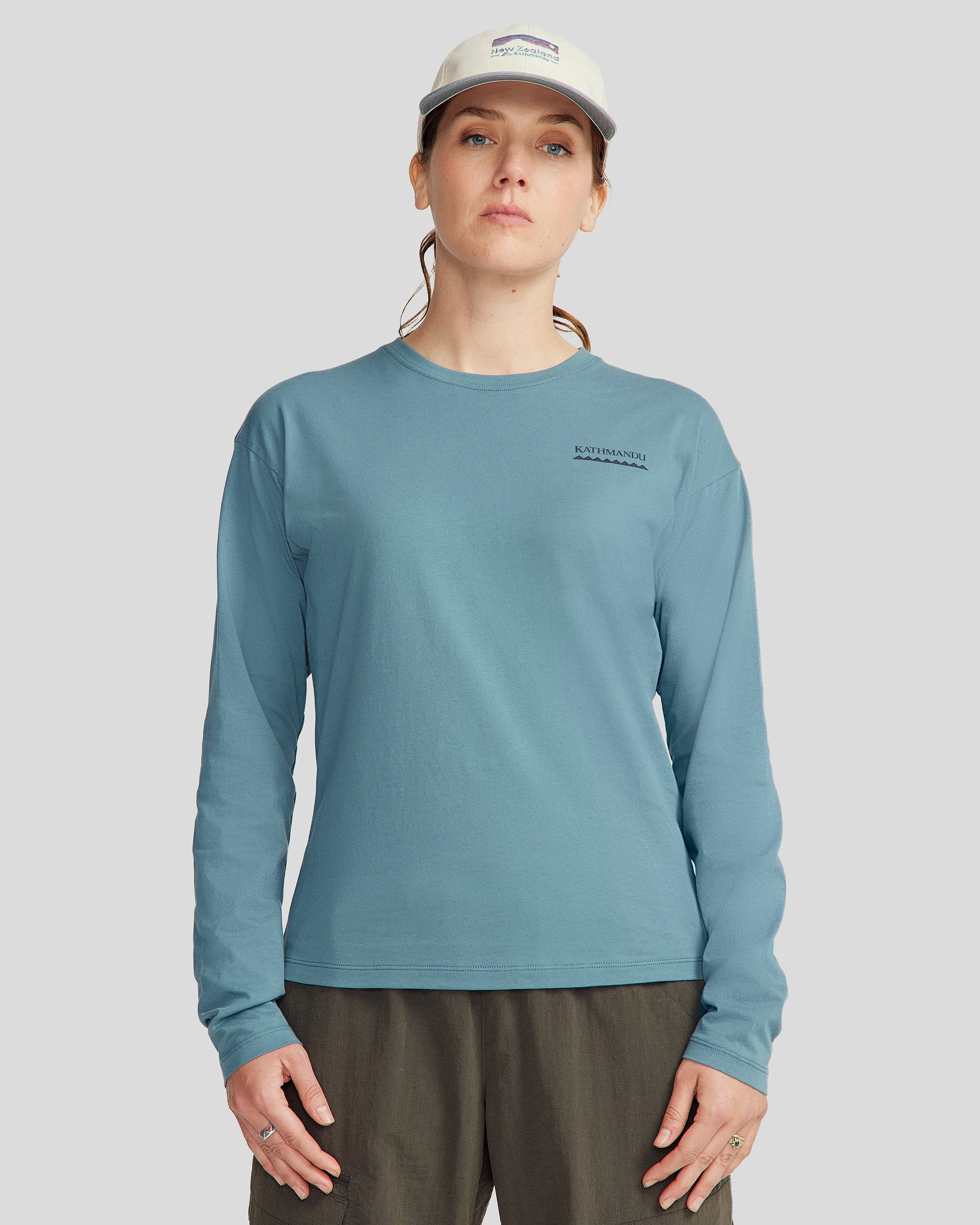 Heritage Logo Women's Organic Cotton L/S Tee - Washed Blue SeamFreeShoulder