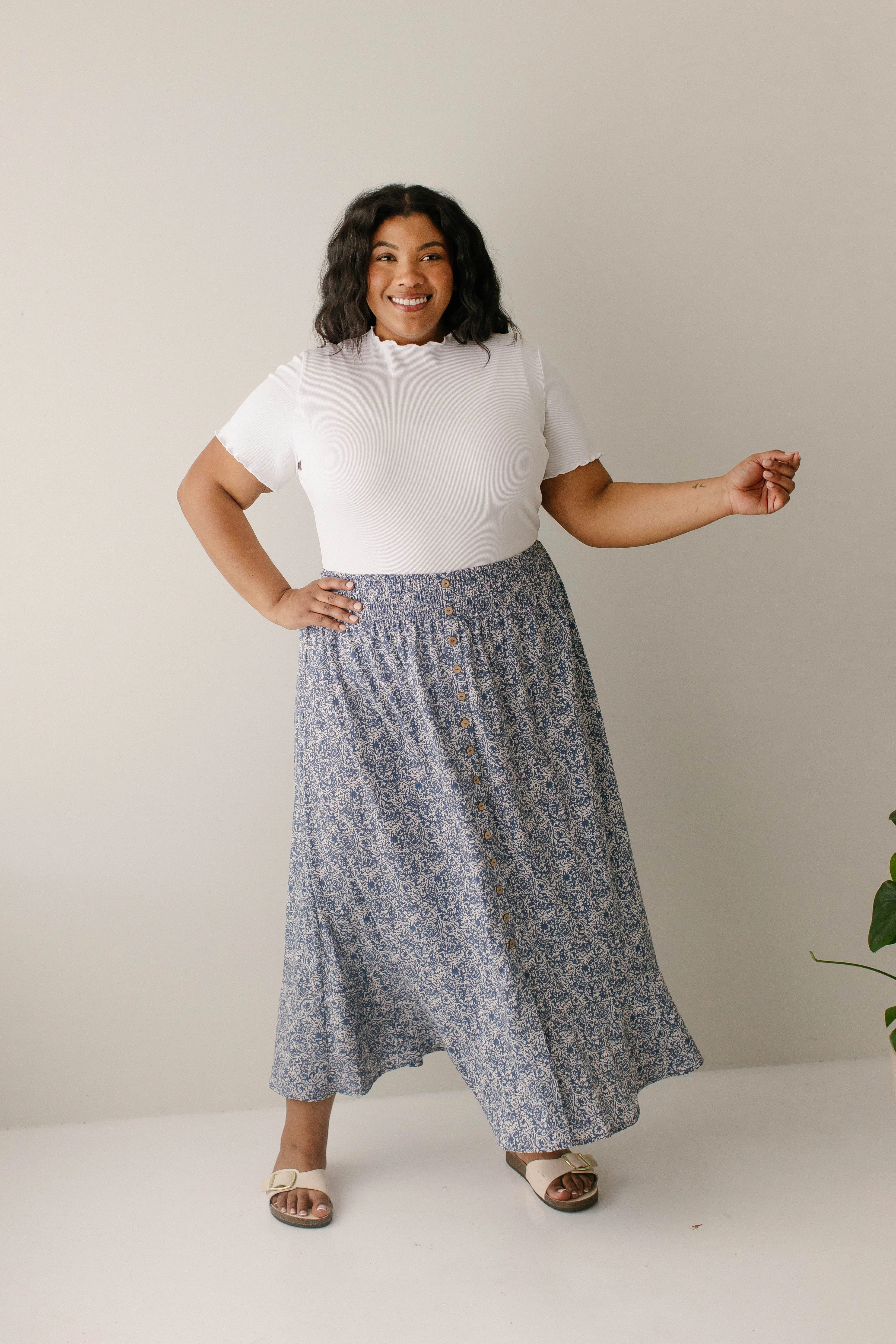 'Shauna' Smocked Waist Floral Print Maxi Skirt in Blue FINAL SALE Roll Up Fasten