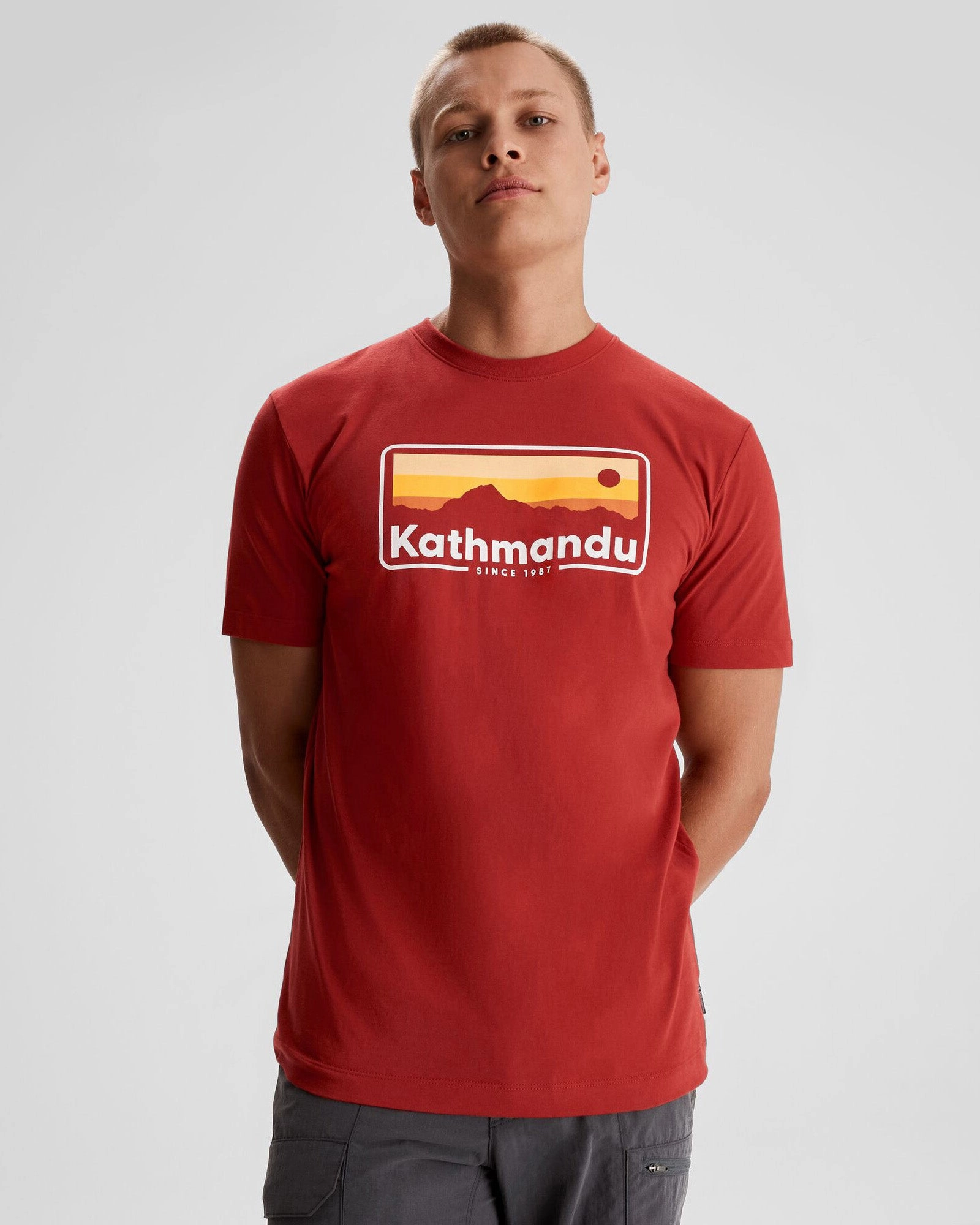 Men's Kathmandu Logo 70's Organic Cotton T-shirt - Spicy Chilli Pepper TactileWeave MultiFunctional Pocket Placement