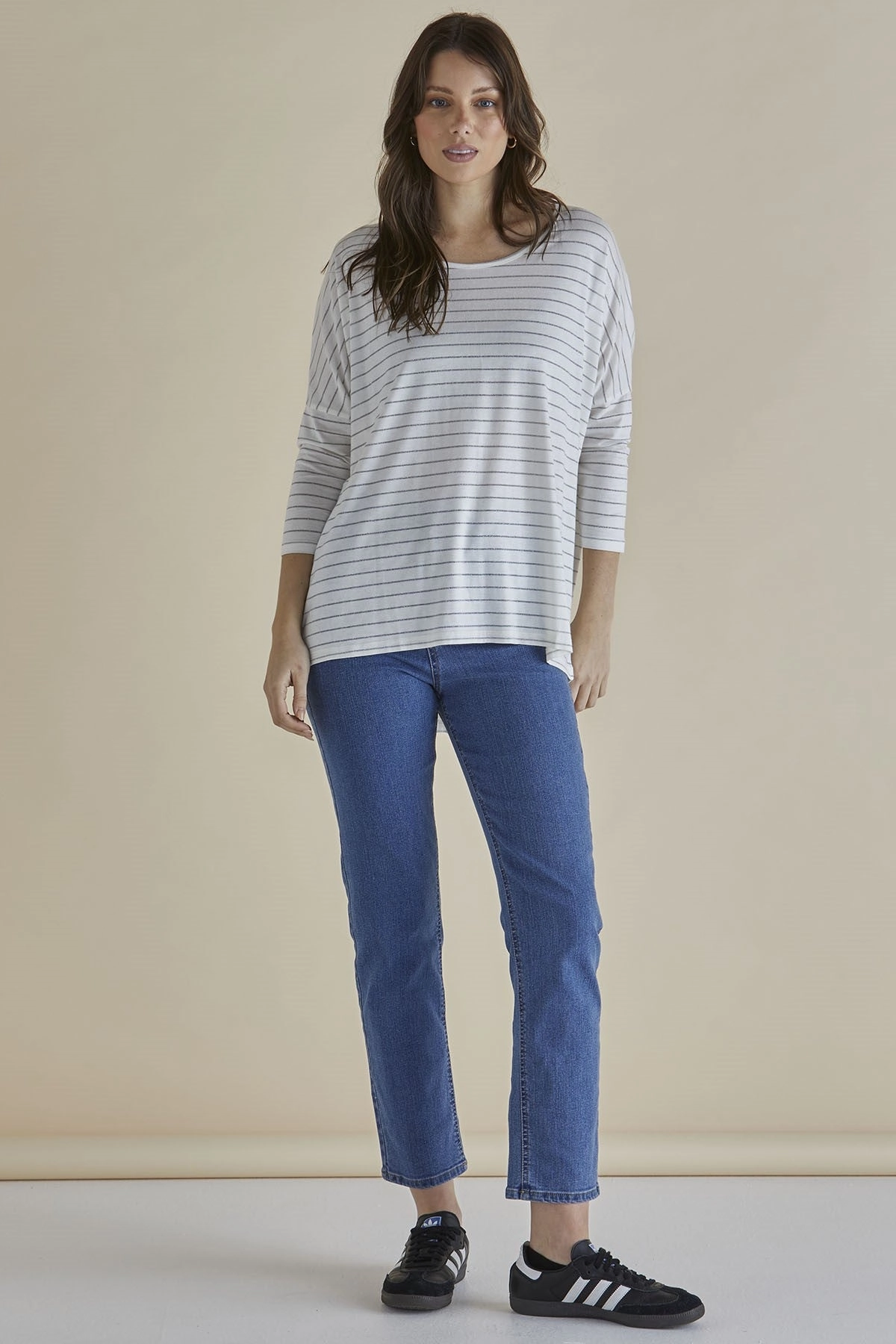 Betty Basics Milan 3/4 Sleeve Top White Lurex Stripe Perfect for Vacation