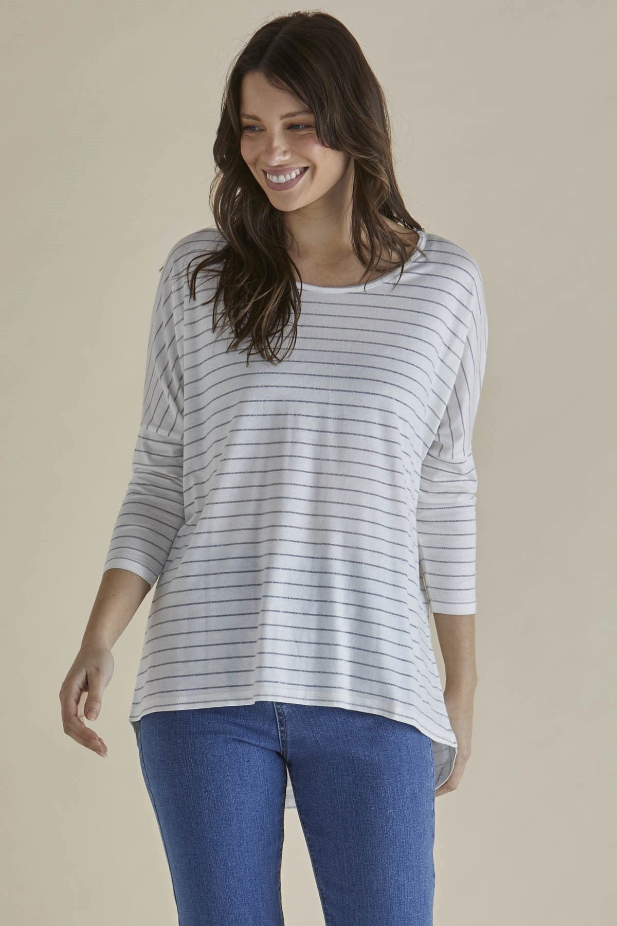 Glossy Look Betty Basics Milan 3/4 Sleeve Top White Lurex Stripe