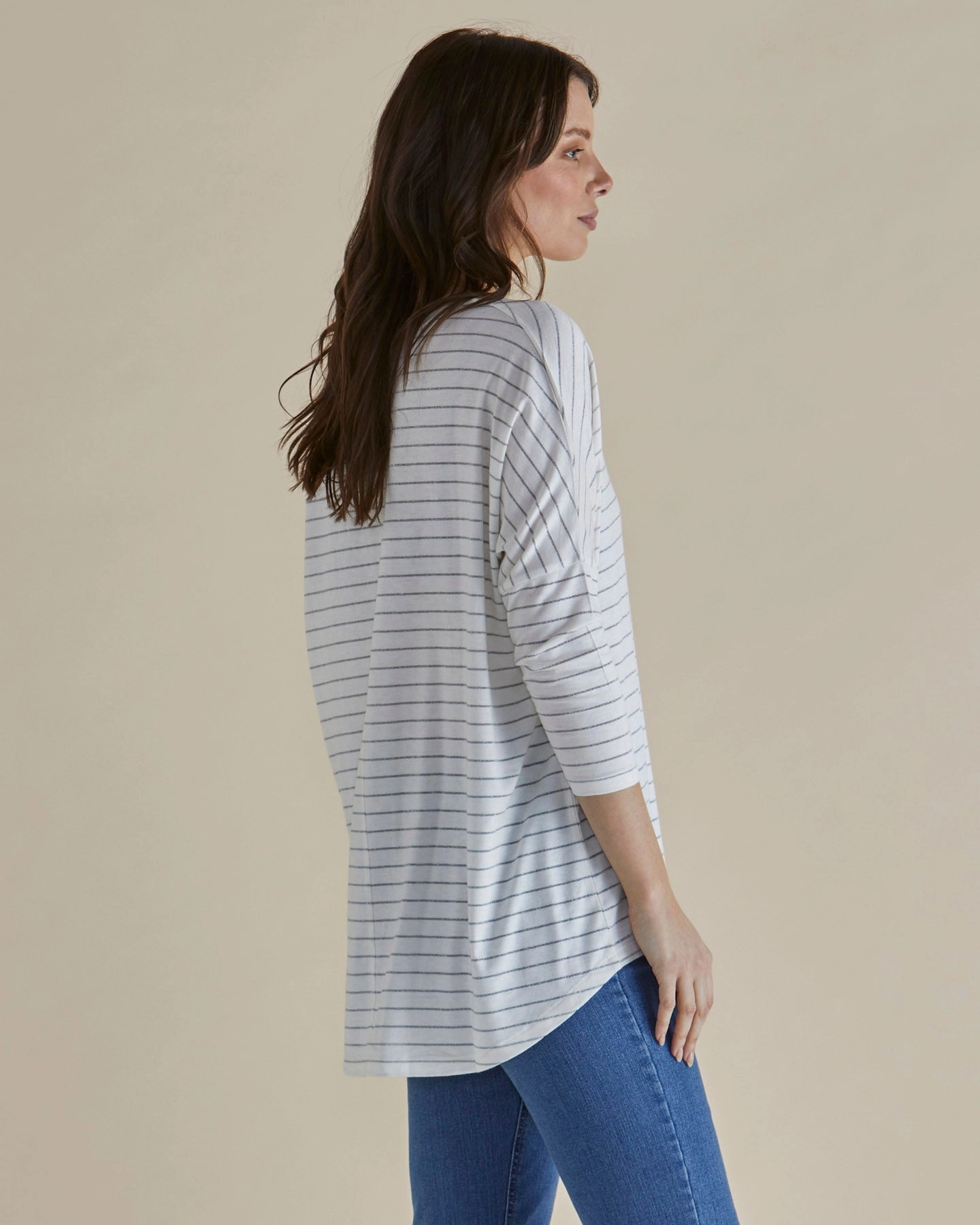 Betty Basics Milan 3/4 Sleeve Top White Lurex Stripe Outdoor Activity Breathable and Comfortable