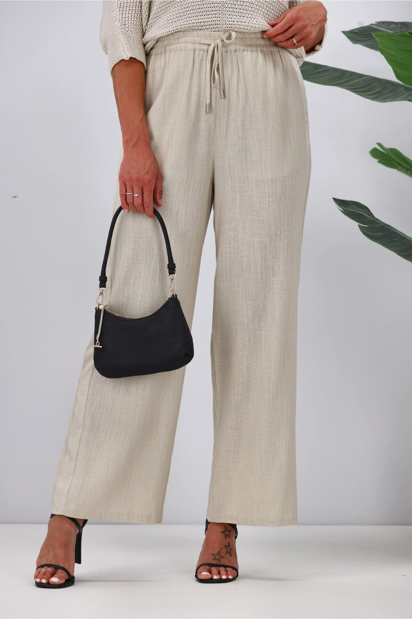 Jane James Renee Linen Look Pant With Satin Stripe Stone Lounge Outfit Slim Fit Hiking Trail