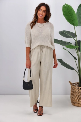 Flattering Waist Fit Indoor Exercise Maternity Wear Jane James Renee Linen Look Pant With Satin Stripe Stone