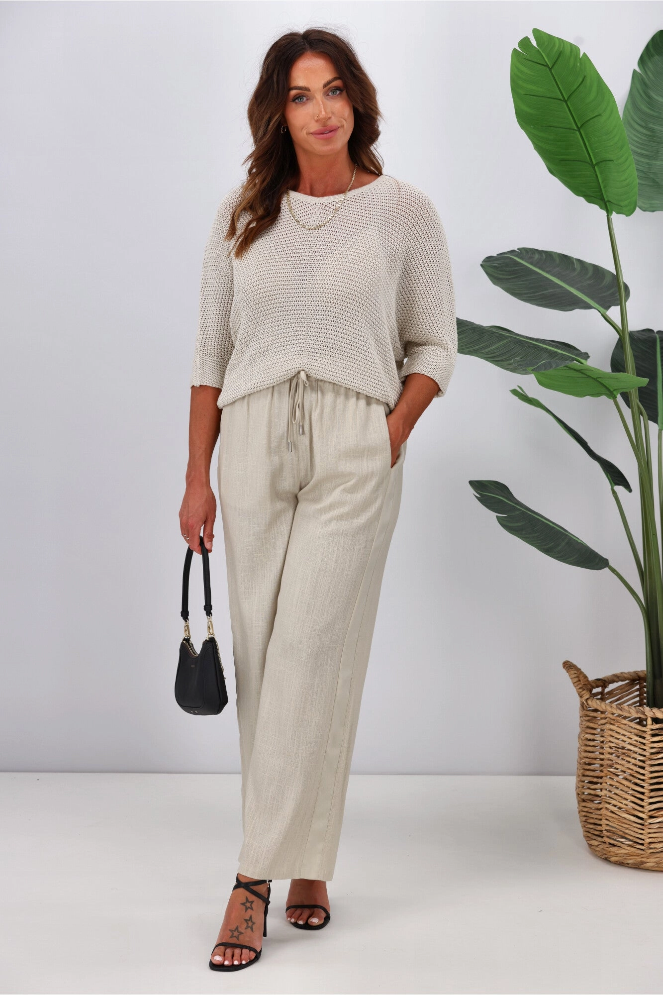 Jane James Renee Linen Look Pant With Satin Stripe Stone Casual Fit Wear Work Commute Slim Fit