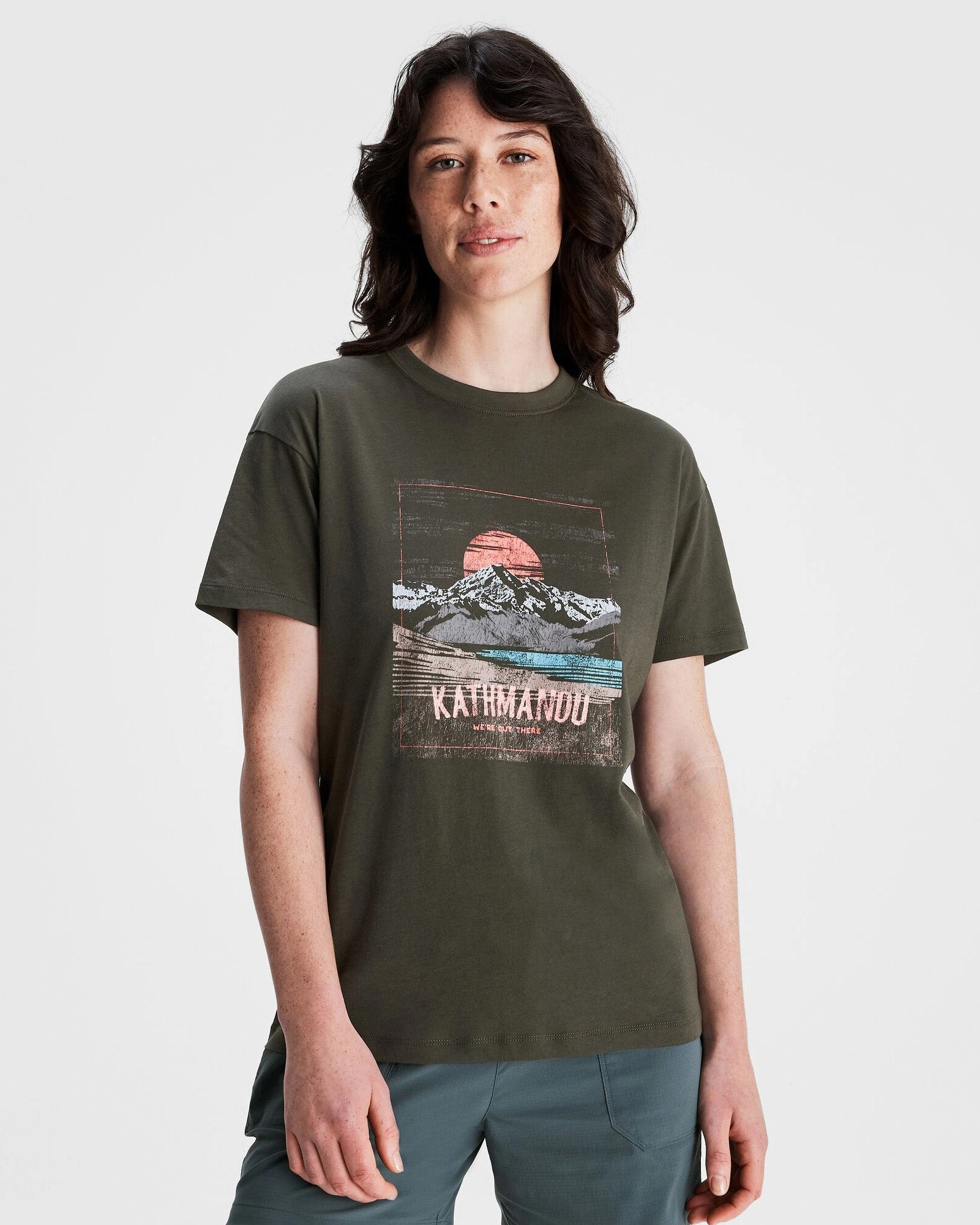 Women's Mt Cook Organic Cotton T-shirt - Dark Moss Contrast Topstitching Detail Eco Friendly Dye Process