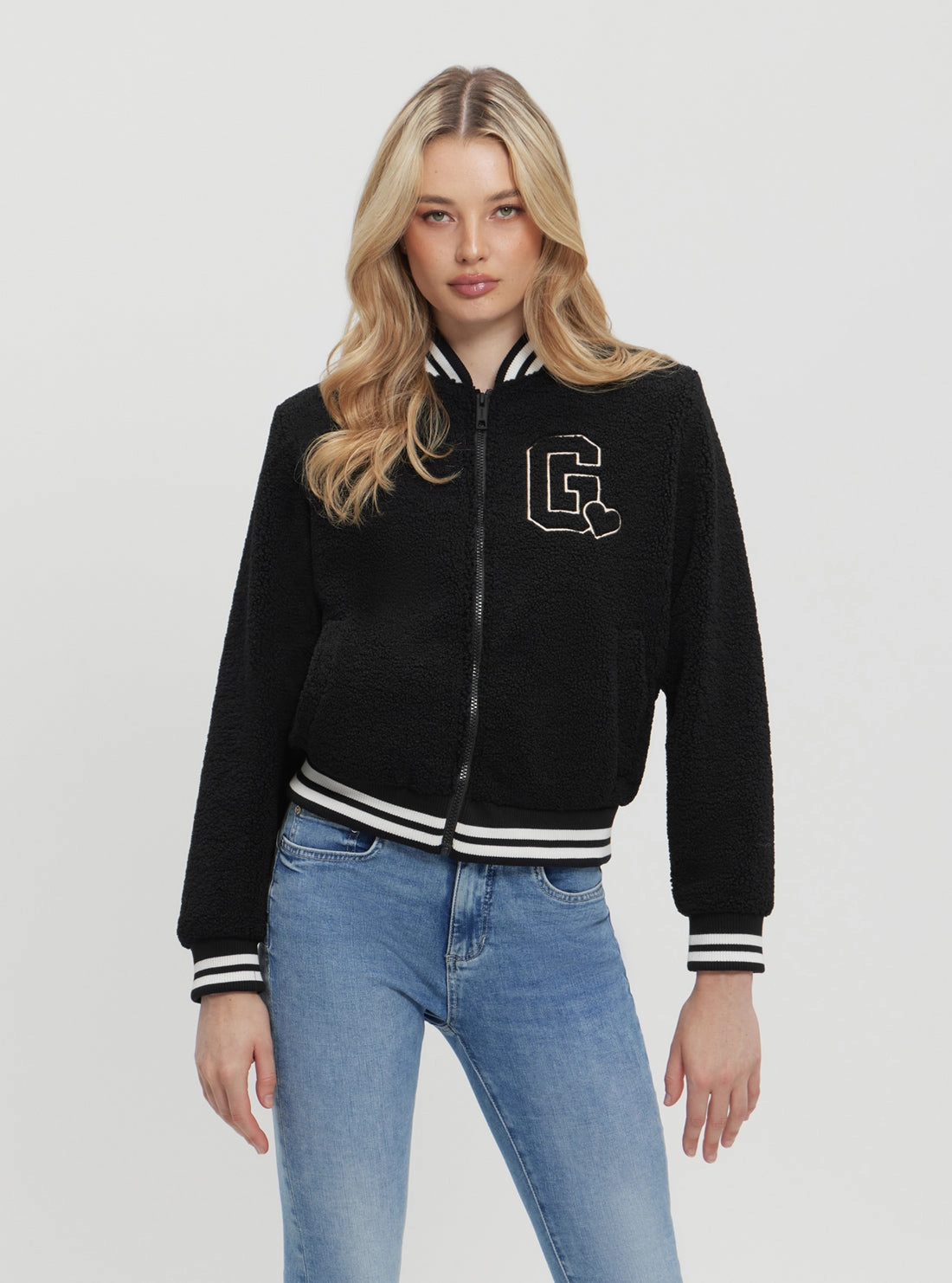 Reflective Safety Details Black Sherpa Bomber Jacket