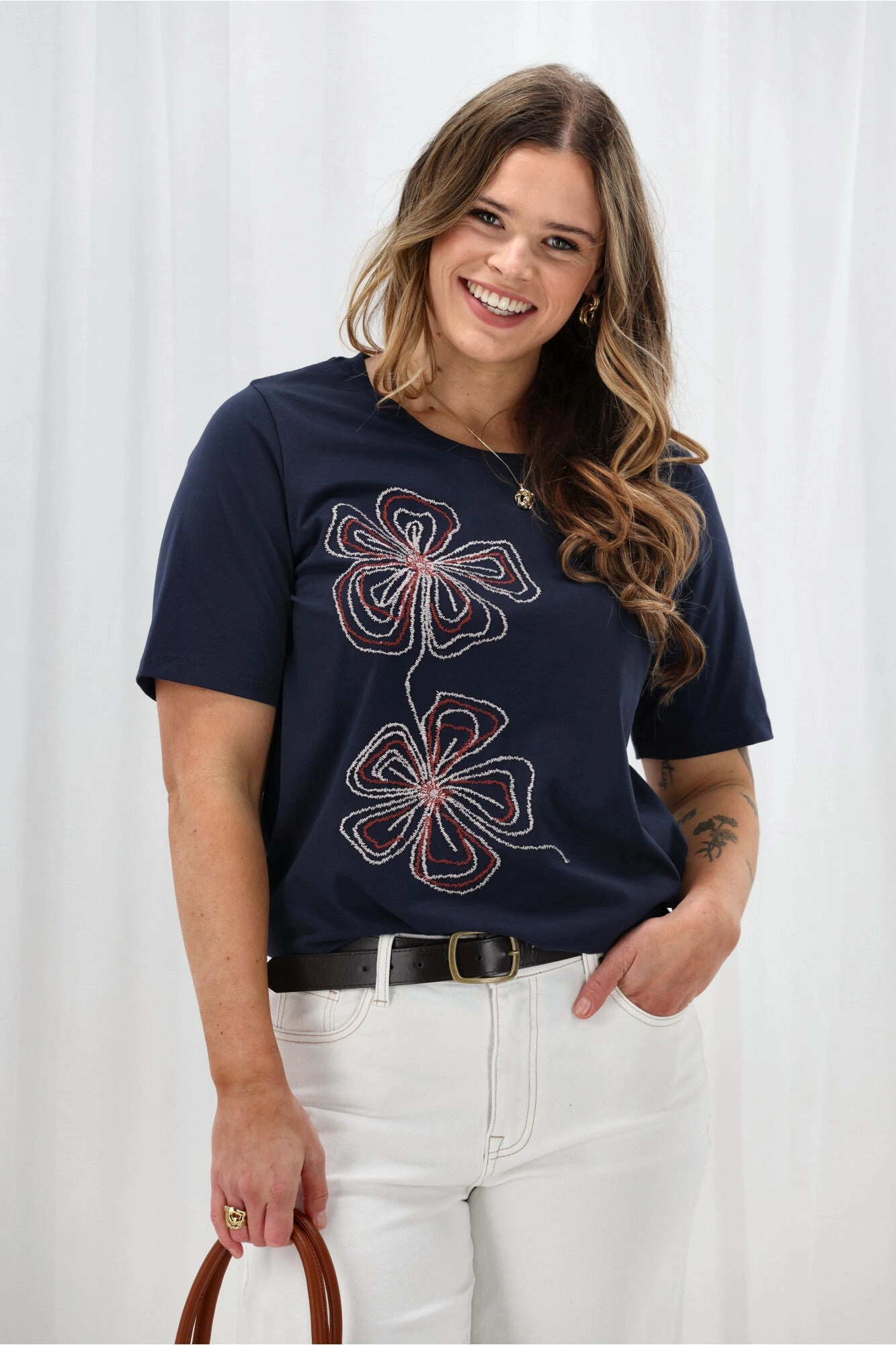 Gloss The Label Zayden Floral Embroidered Tee Navy Ribbed Collar Design