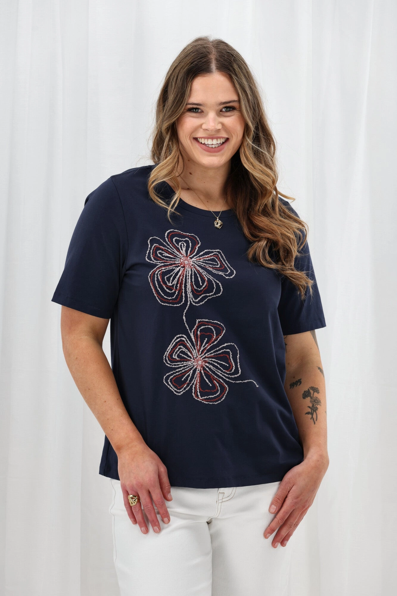 Gloss The Label Zayden Floral Embroidered Tee Navy All-Purpose Comfort