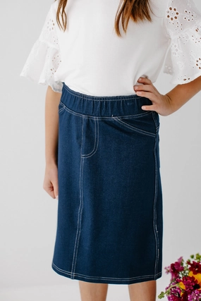 'Piper' Girl Knit Denim Skirt in Navy Celebrity Style