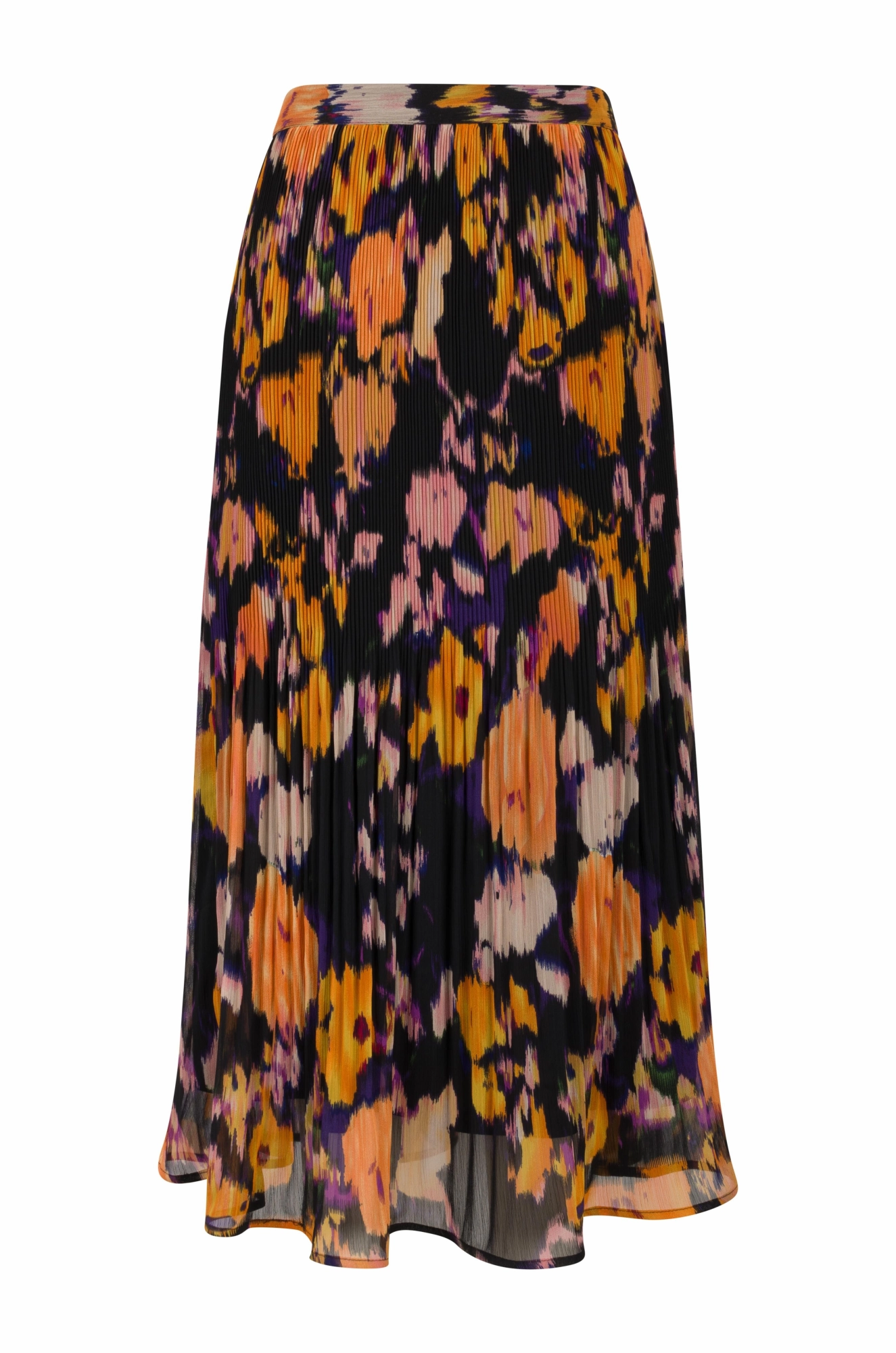 Mini pleat printed Chiffon Skirt | Orange Black Daisy | 8573AR Sheer Overlay