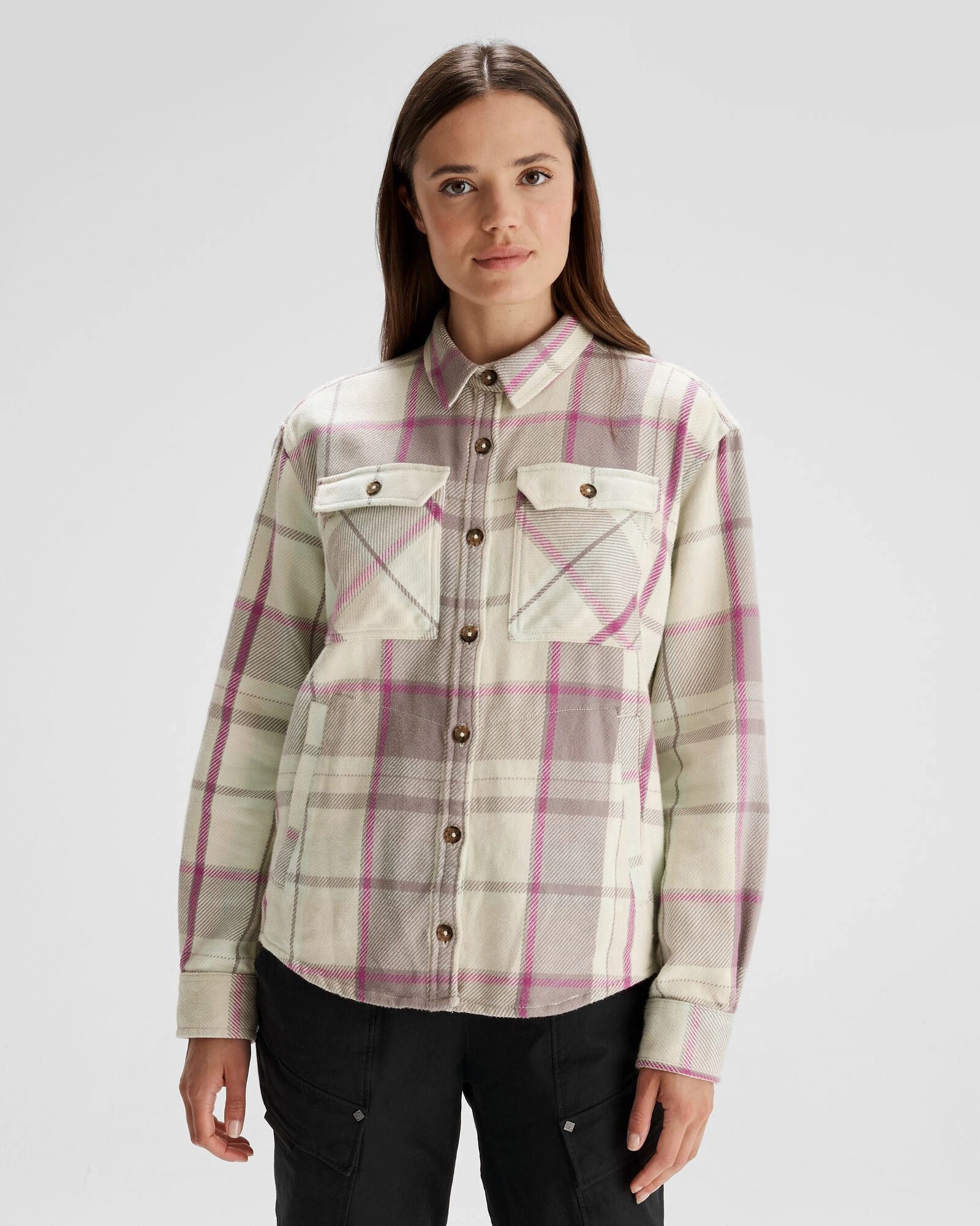 Women's Huntly Long Sleeve Shirt - Cabin Plaid Shroom Networking Session Classic Wear