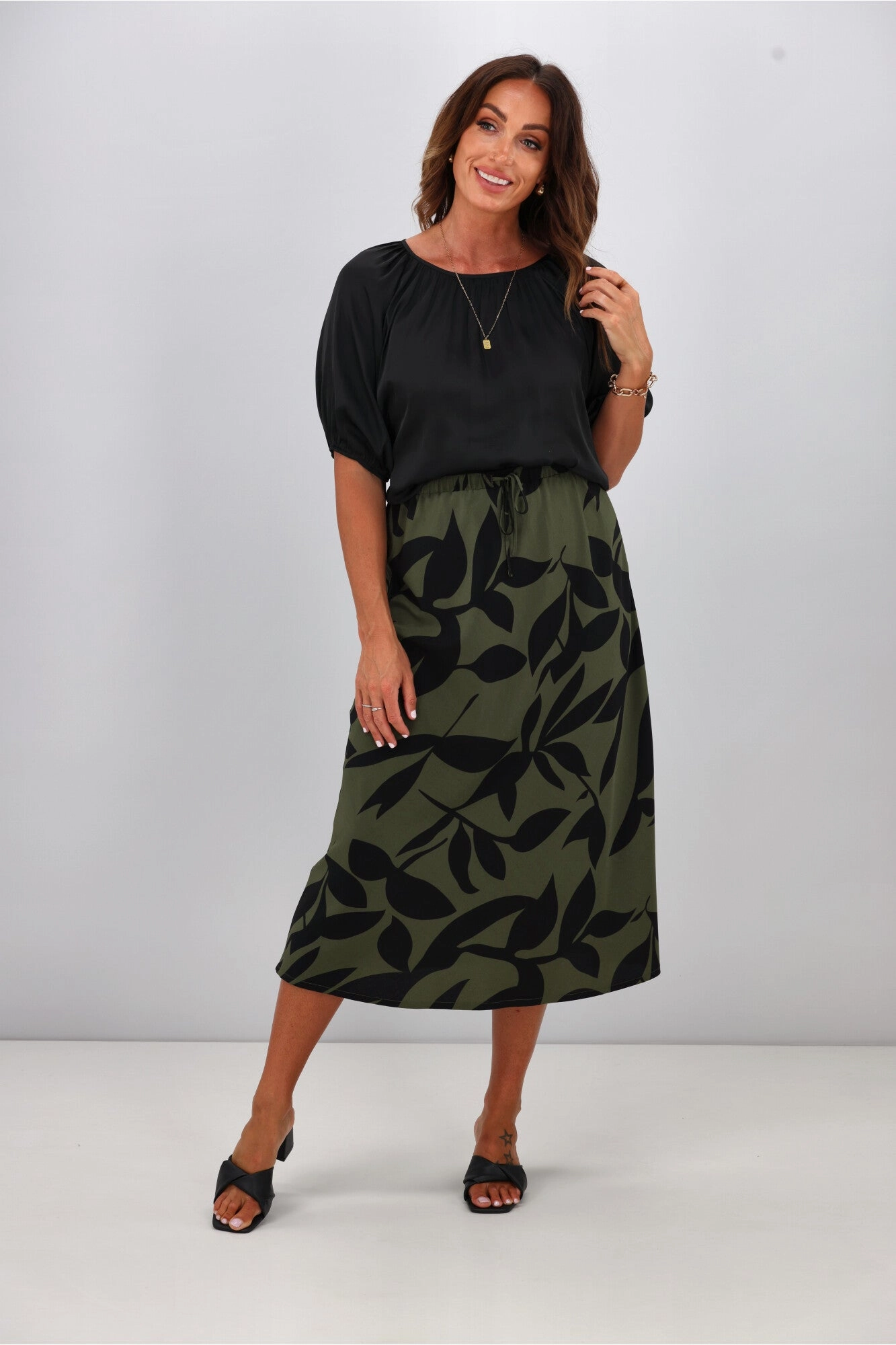 Gloss The Label Lyra Bias Skirt Olive Abstract Print Vibrant Touch Cashmere Touch