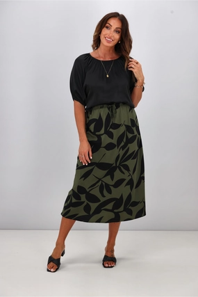 Gloss The Label Lyra Bias Skirt Olive Abstract Print Vibrant Touch Cashmere Touch