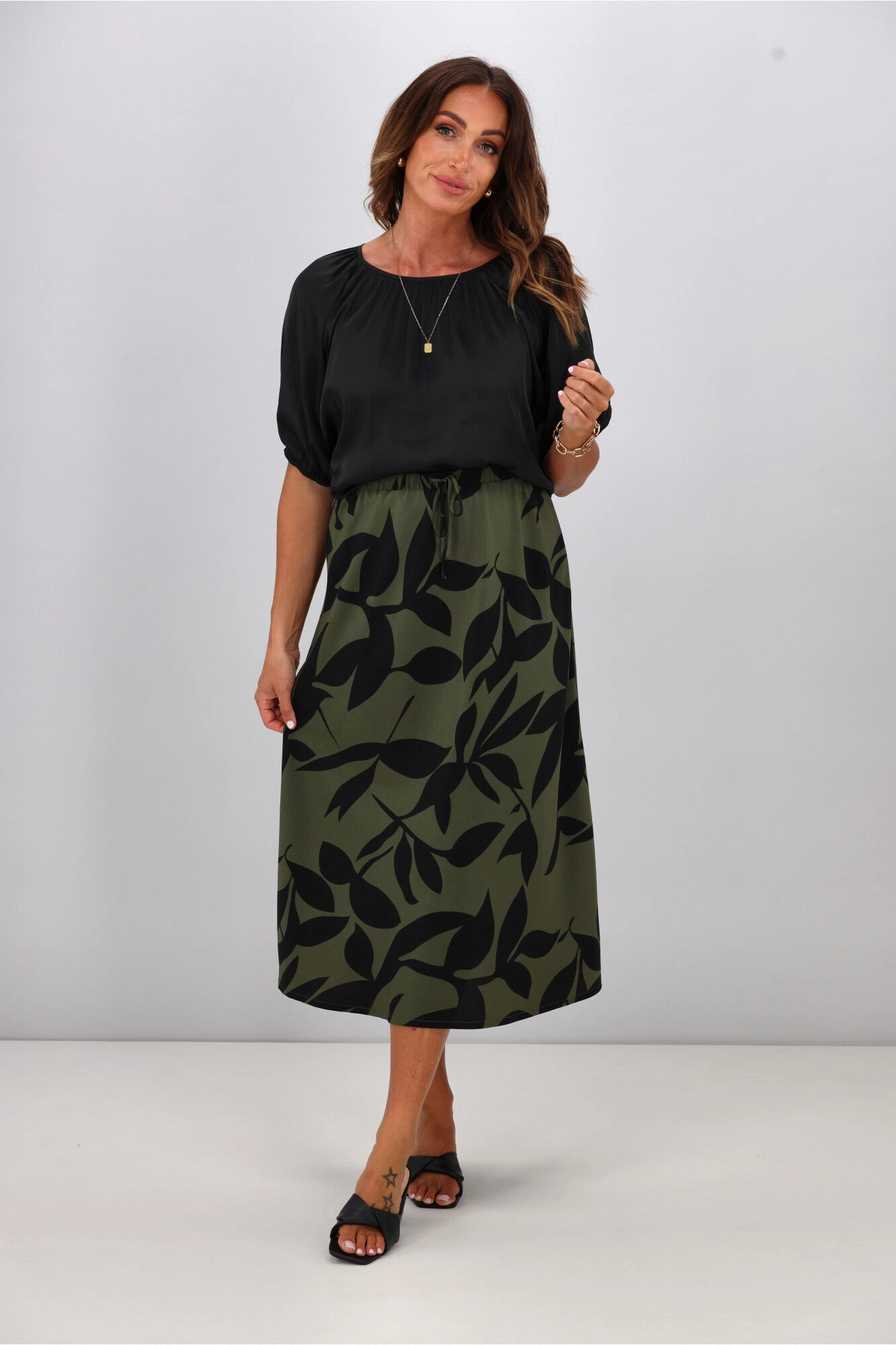 Heritage Craft Wardrobe Hero Gloss The Label Lyra Bias Skirt Olive Abstract Print