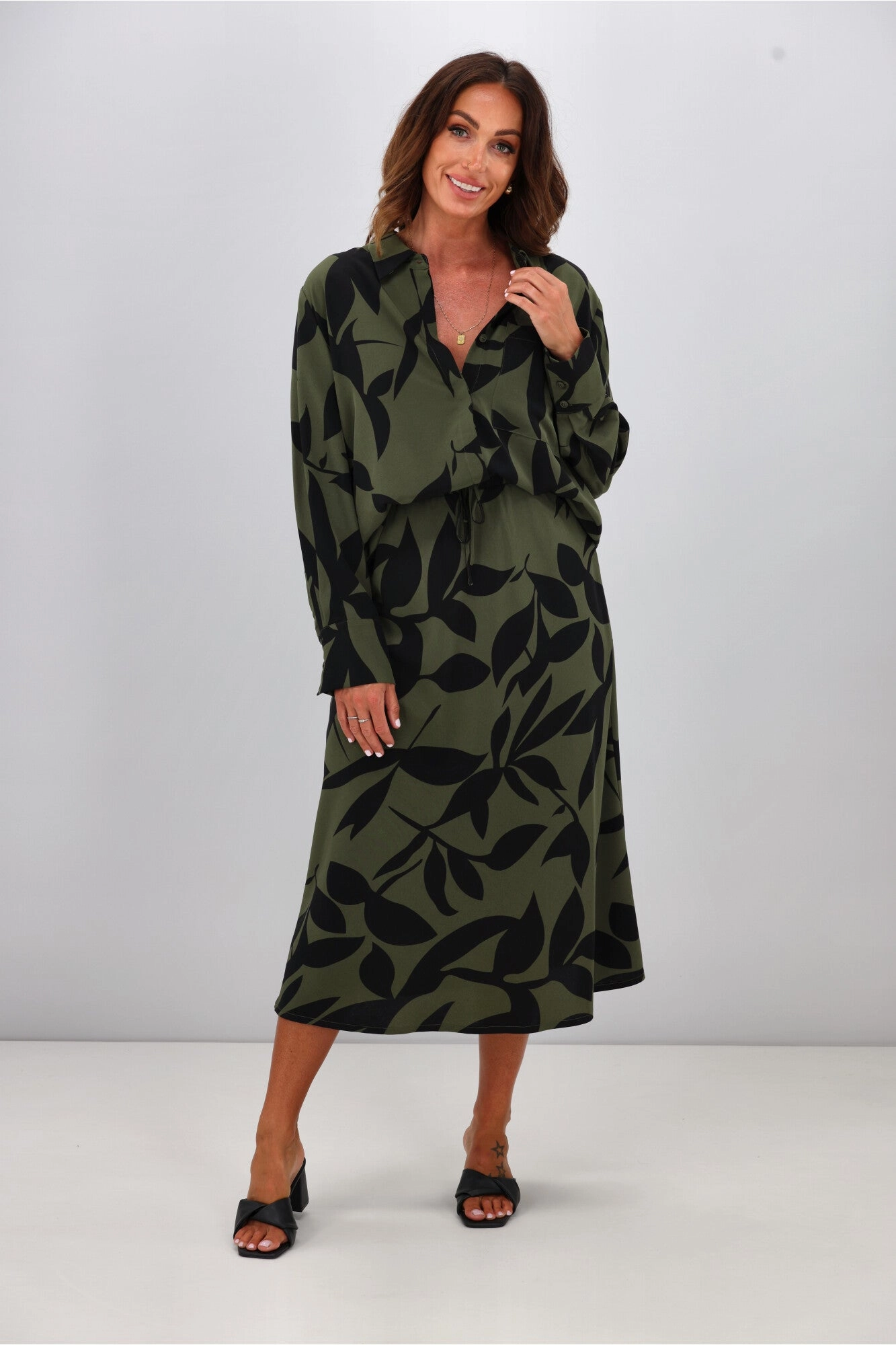 Gloss The Label Lyra Bias Skirt Olive Abstract Print Influencer Style Classic Choice