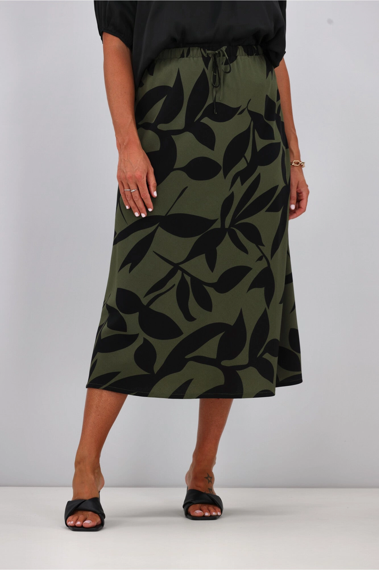 Neat Finish Gloss The Label Lyra Bias Skirt Olive Abstract Print