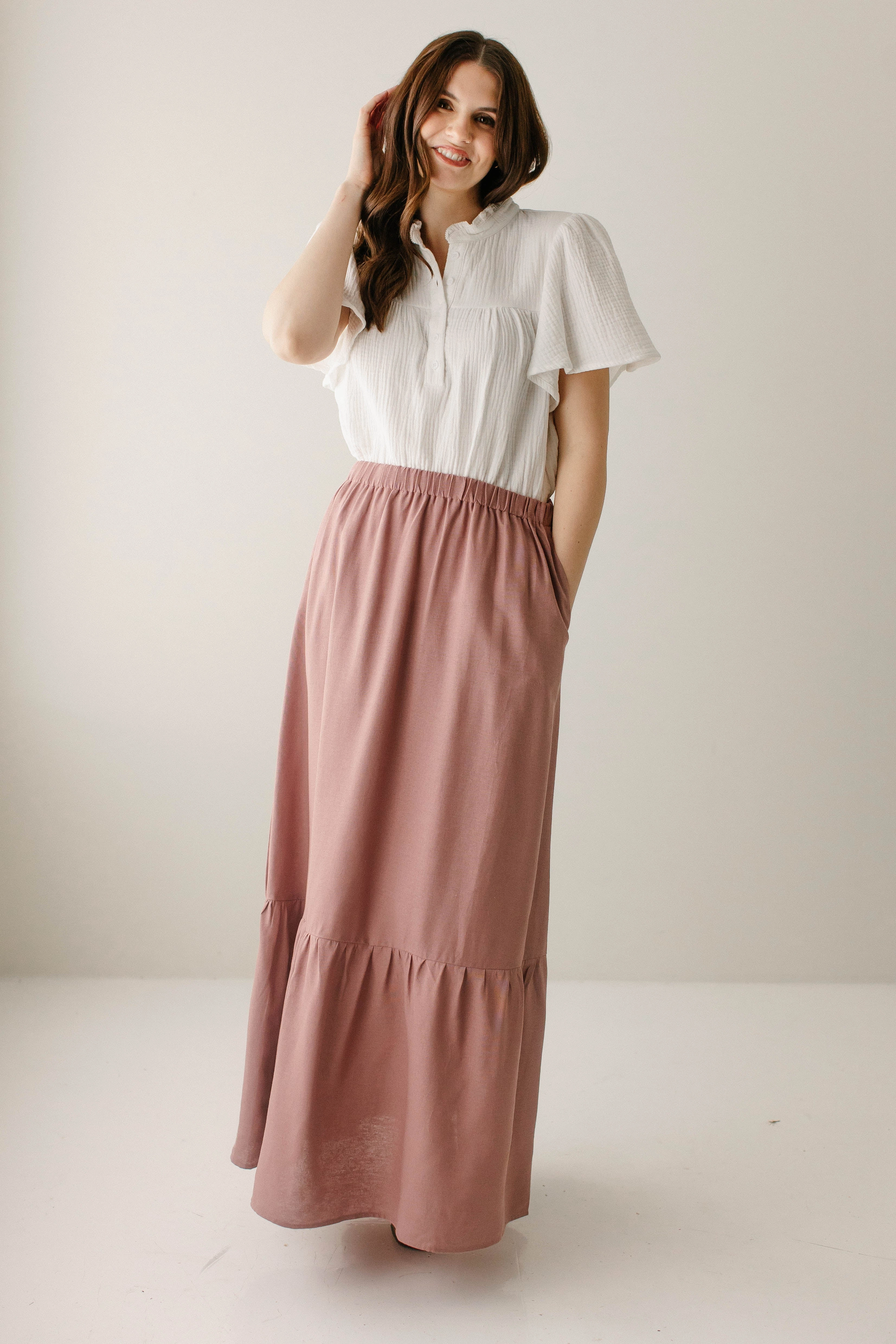 'Tessa' Tiered Maxi Skirt in Dusty Pink Fashion Combo Light Moodboard