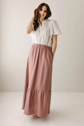 Basic Layers Outfit Shot 'Tessa' Tiered Maxi Skirt in Dusty Pink