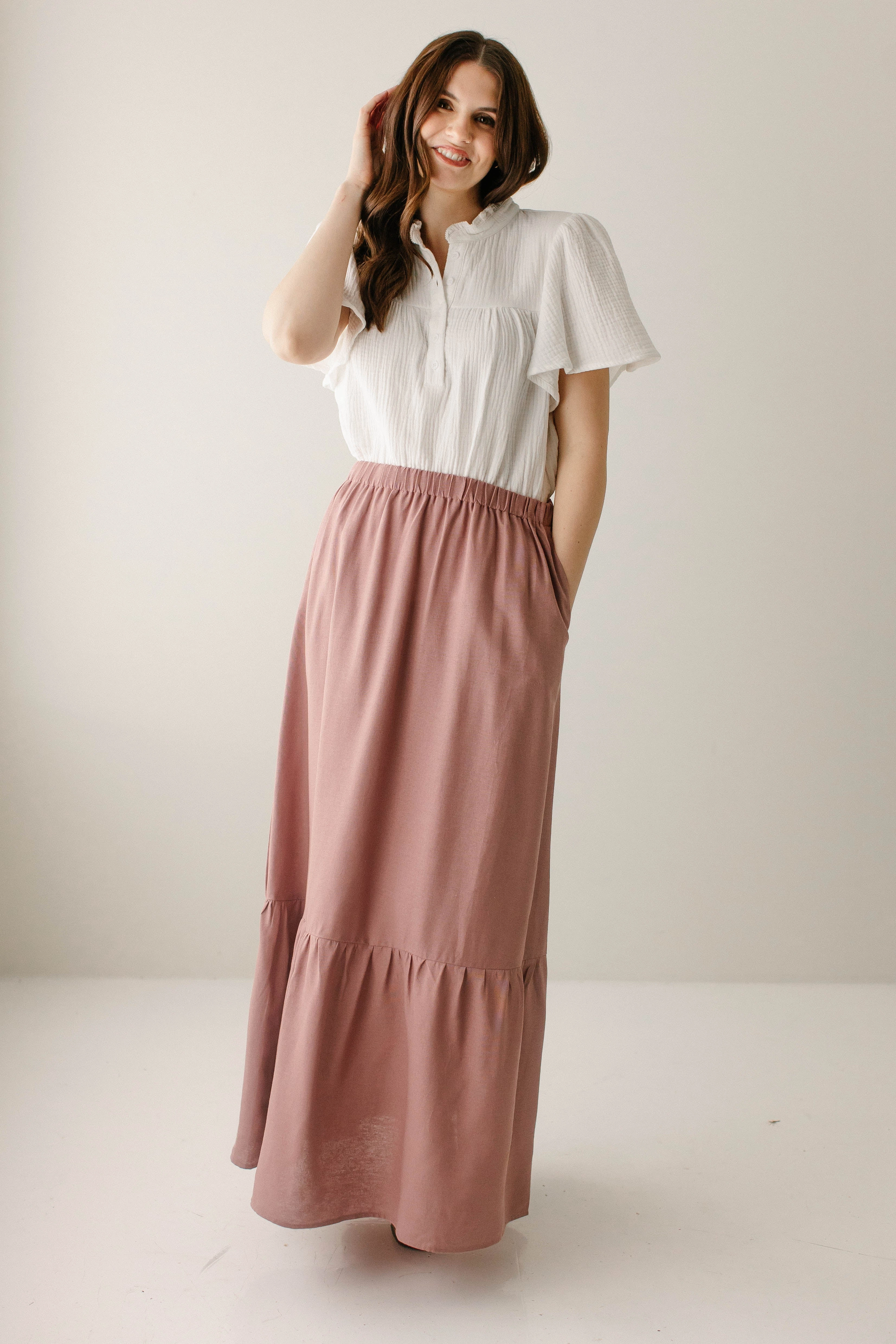 'Tessa' Tiered Maxi Skirt in Dusty Pink Street Ready