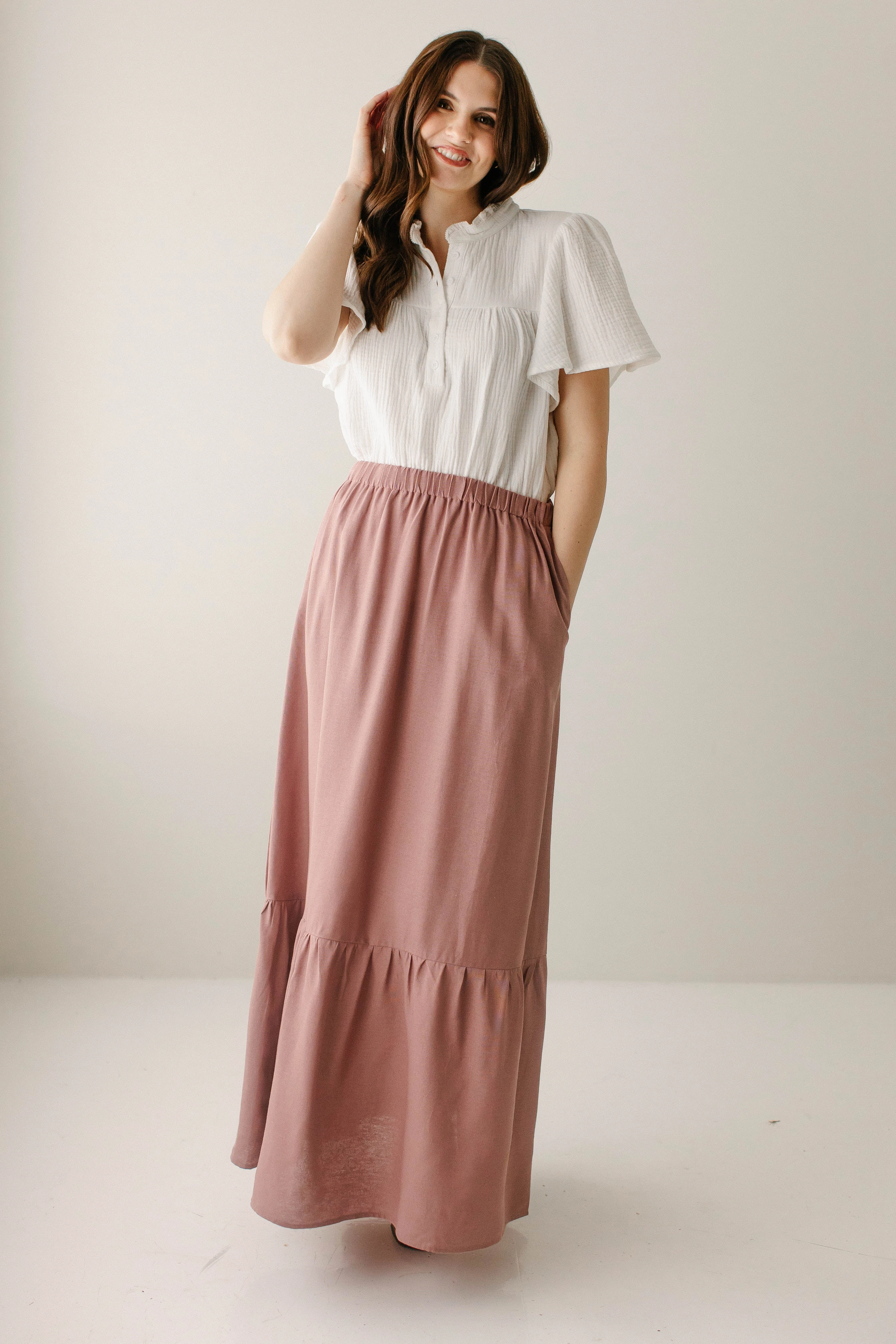 Basic Layers Outfit Shot 'Tessa' Tiered Maxi Skirt in Dusty Pink